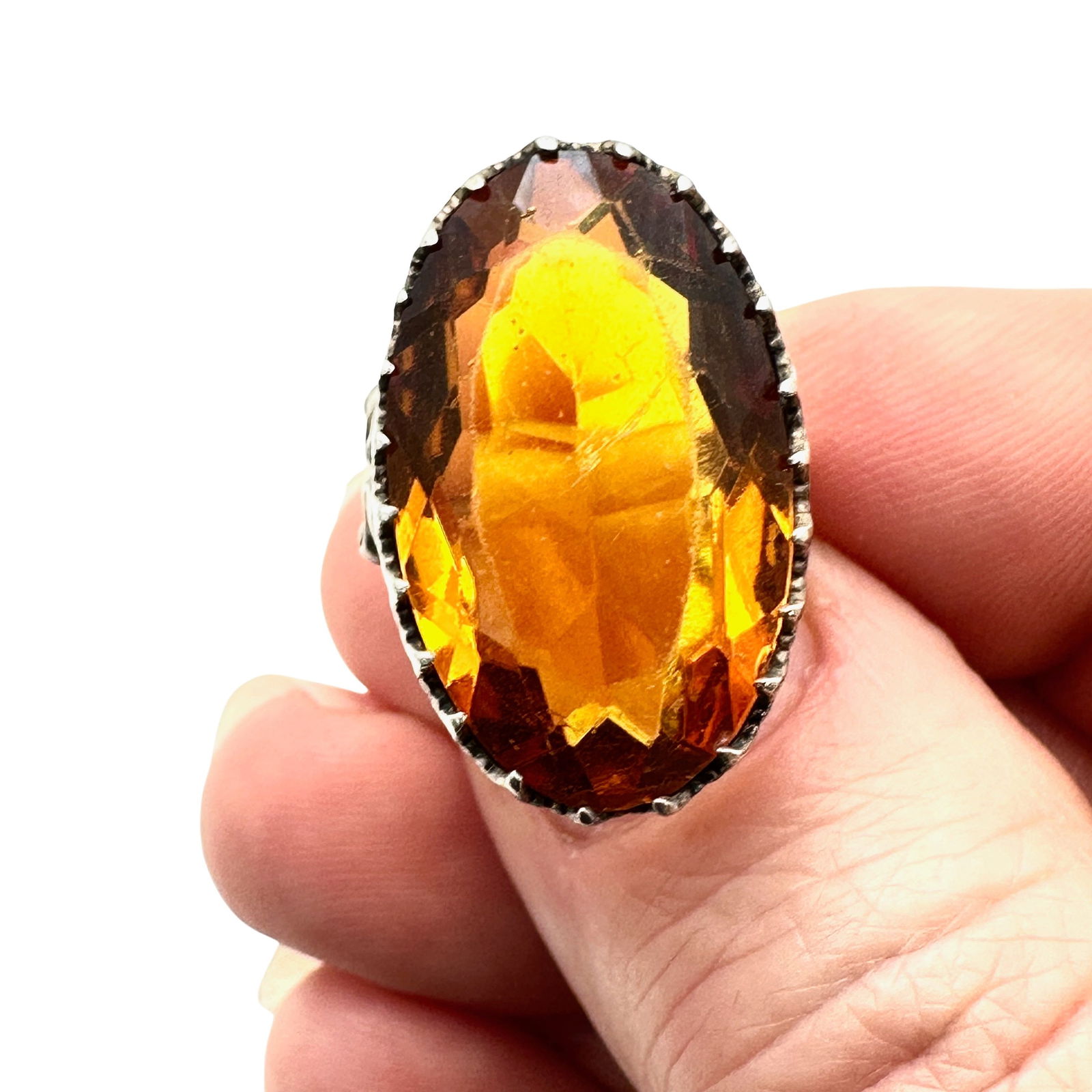 Antique Sterling Silver Ring Size 5 Amber Colored Glass Stone (1 of 3)