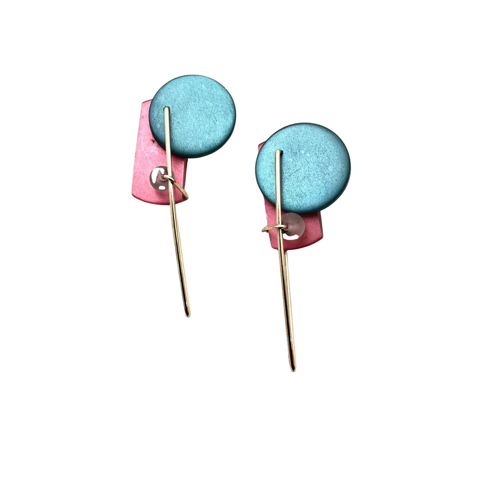Modernist Design Pink Blue Artisan Gold Filled Pierced Earrings: Modernist Design Pink Blue Artisan Gold Filled Pierced Earrings