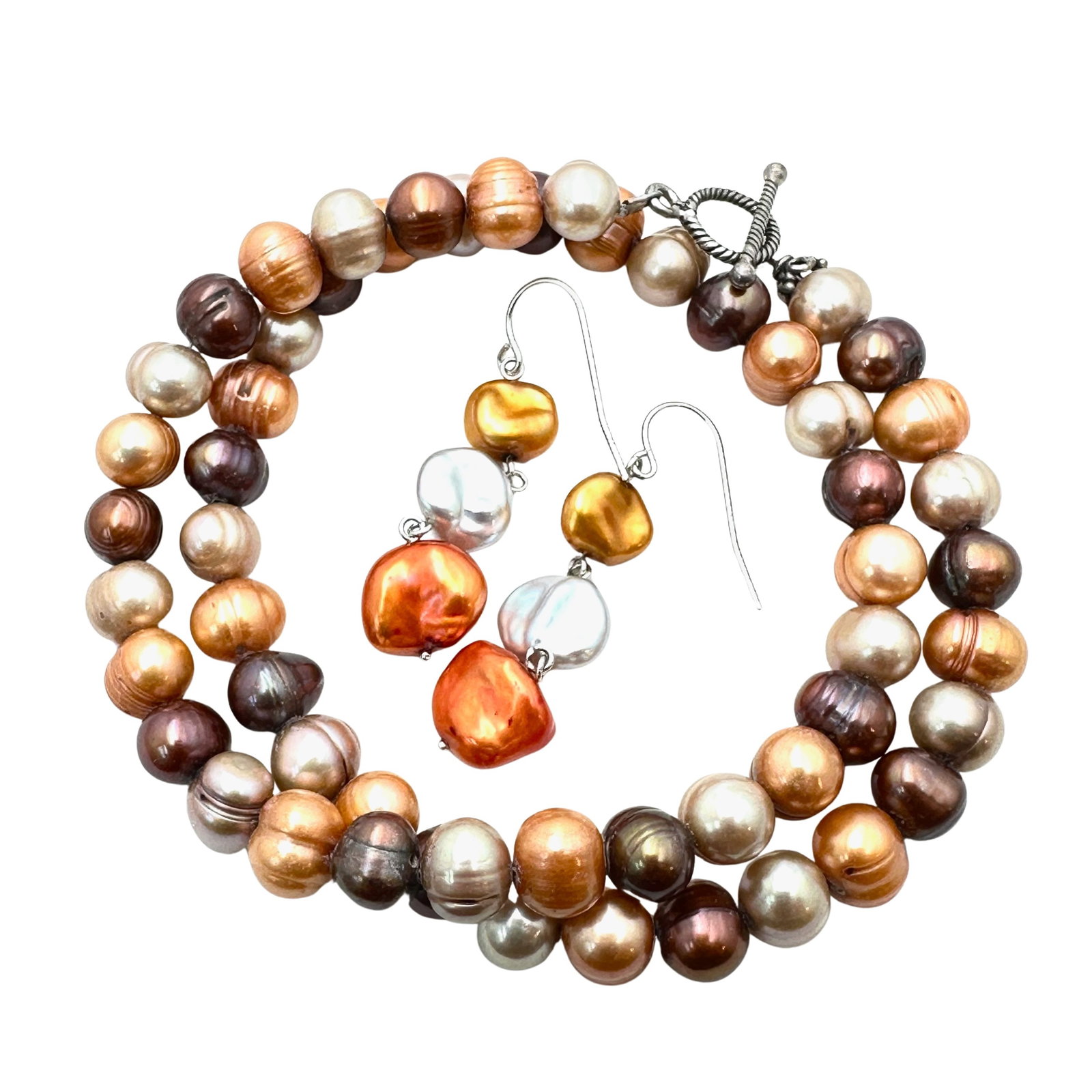 Multi Color Freshwater Pearl Sterling Silver Necklace 17 Inch Coordinating Pierced Earrings: Multi Color Freshwater Pearl Sterling Silver Necklace 17 Inch Coordinating Pierced Earrings