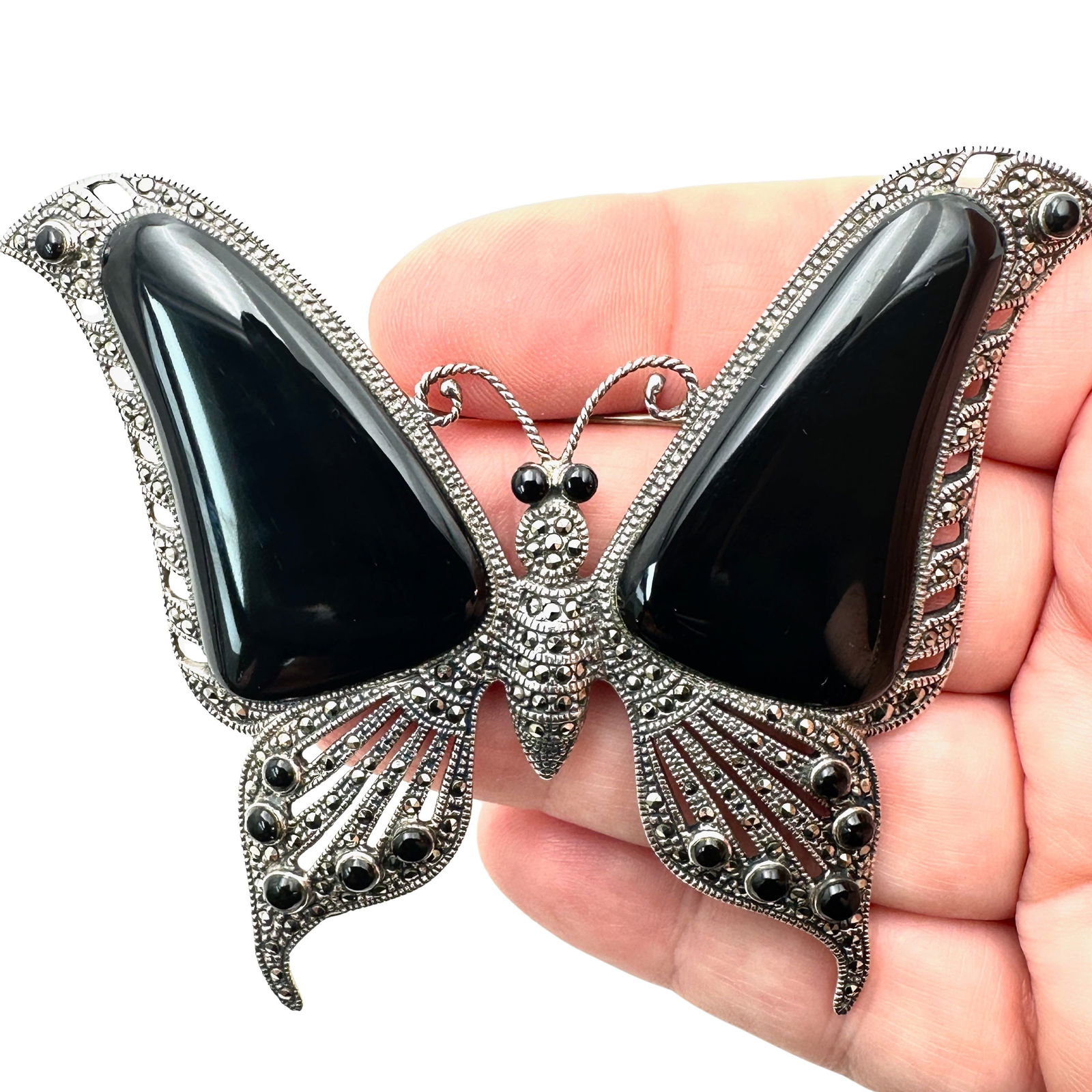 Large Vintage Sterling Silver Marcasite Black Onyx Butterfly Brooch Pin 3.5 Inch (1 of 3)