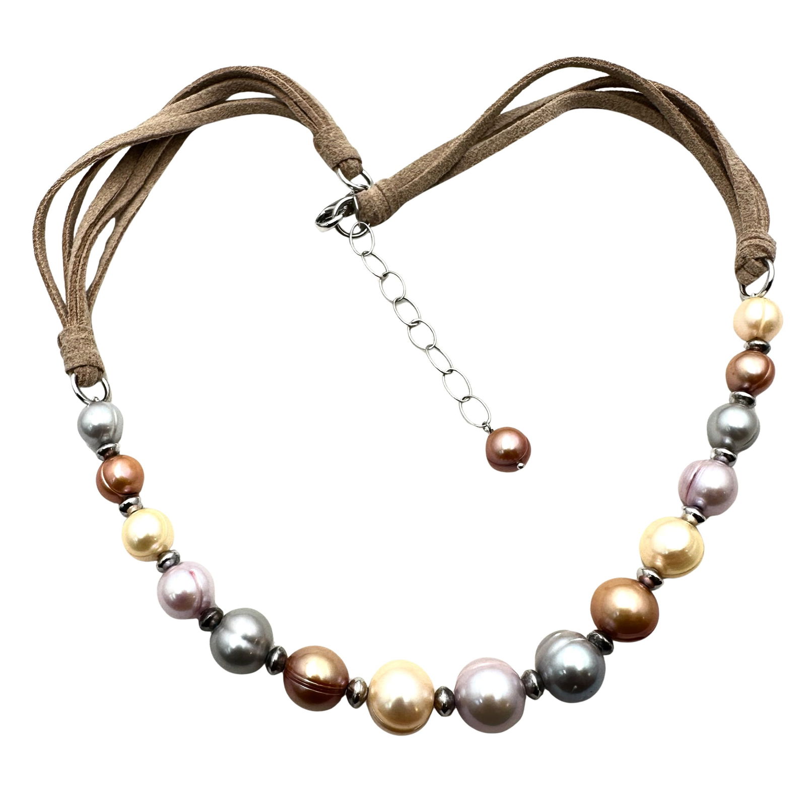 Honora Multi Color Pearl Beige Suede Sterling Silver Necklace 16 to 18 Inch: Honora Multi Color Pearl Beige Suede Sterling Silver Necklace 16 to 18 Inch