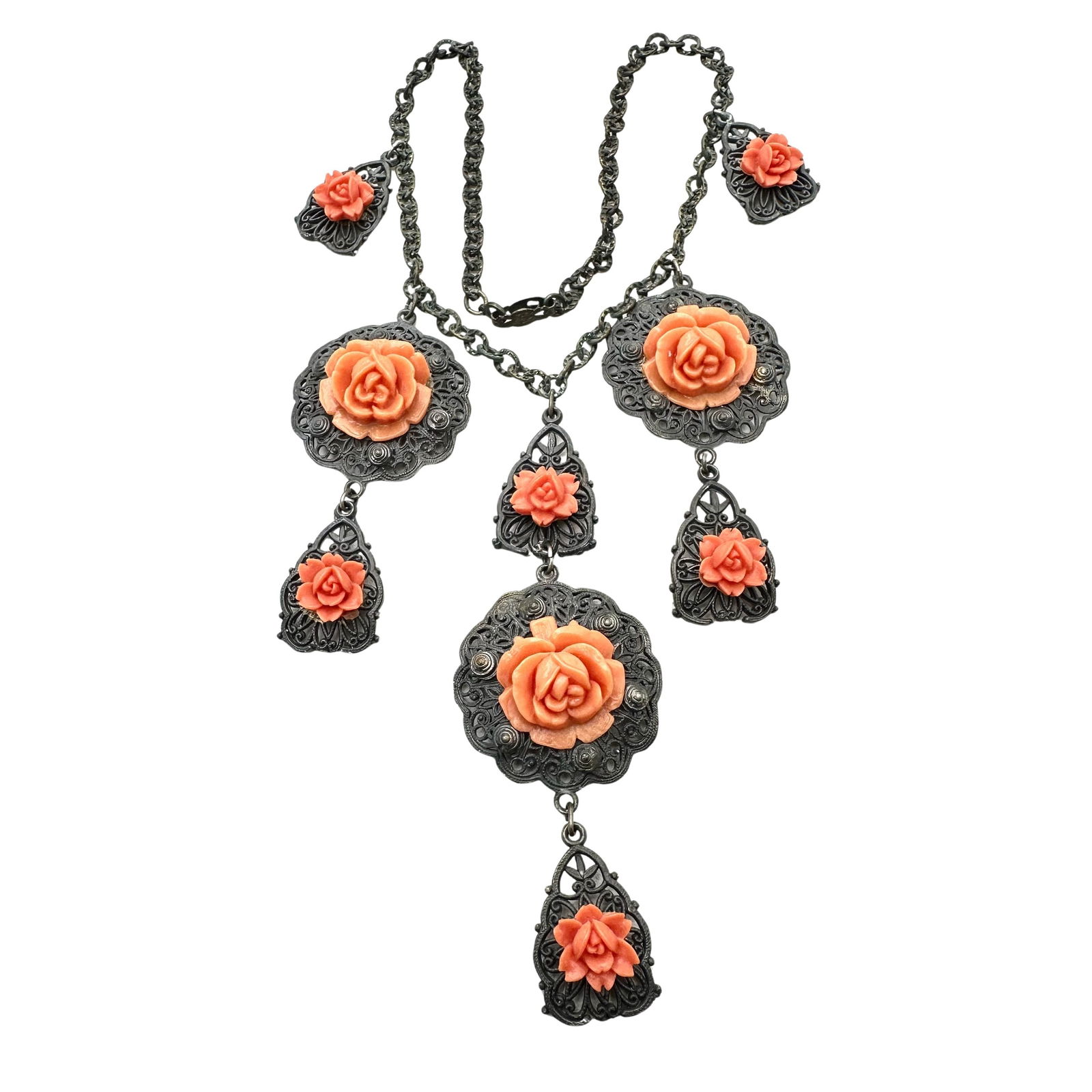 Vintage Lucite Faux Coral Rose Silver Tone Filigree Necklace 15 Inch: Vintage Lucite Faux Coral Rose Silver Tone Filigree Necklace 15 Inch