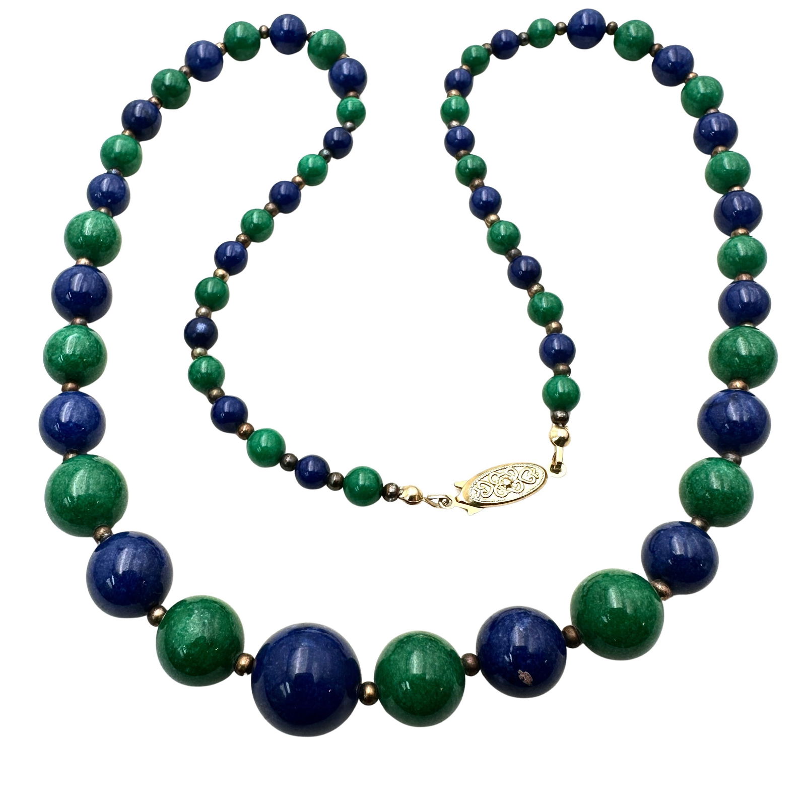 Vintage Blue Green Art Glass Bead Necklace Gold Tone 20 Inch (1 of 3)