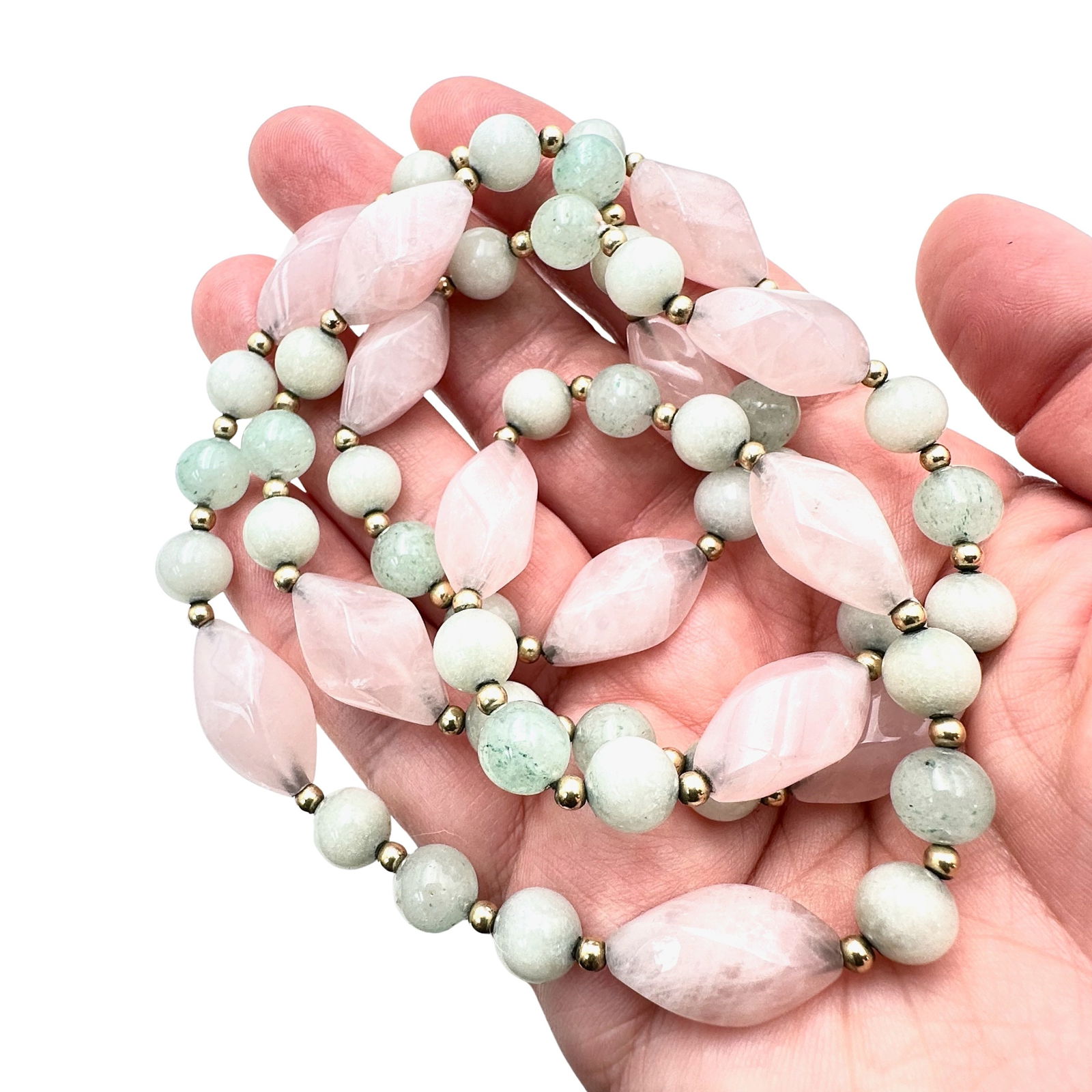 Vintage Green Jade Pink Rose Quartz Bead Gold Filled Necklace 28 Inch (1 of 3)