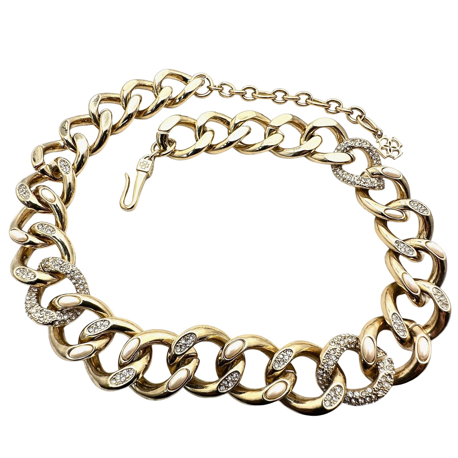 Designer Ann Taylor Heavy Gold Tone Crystal Pearl Chain Statement Necklace 20 Inch (1 of 3)