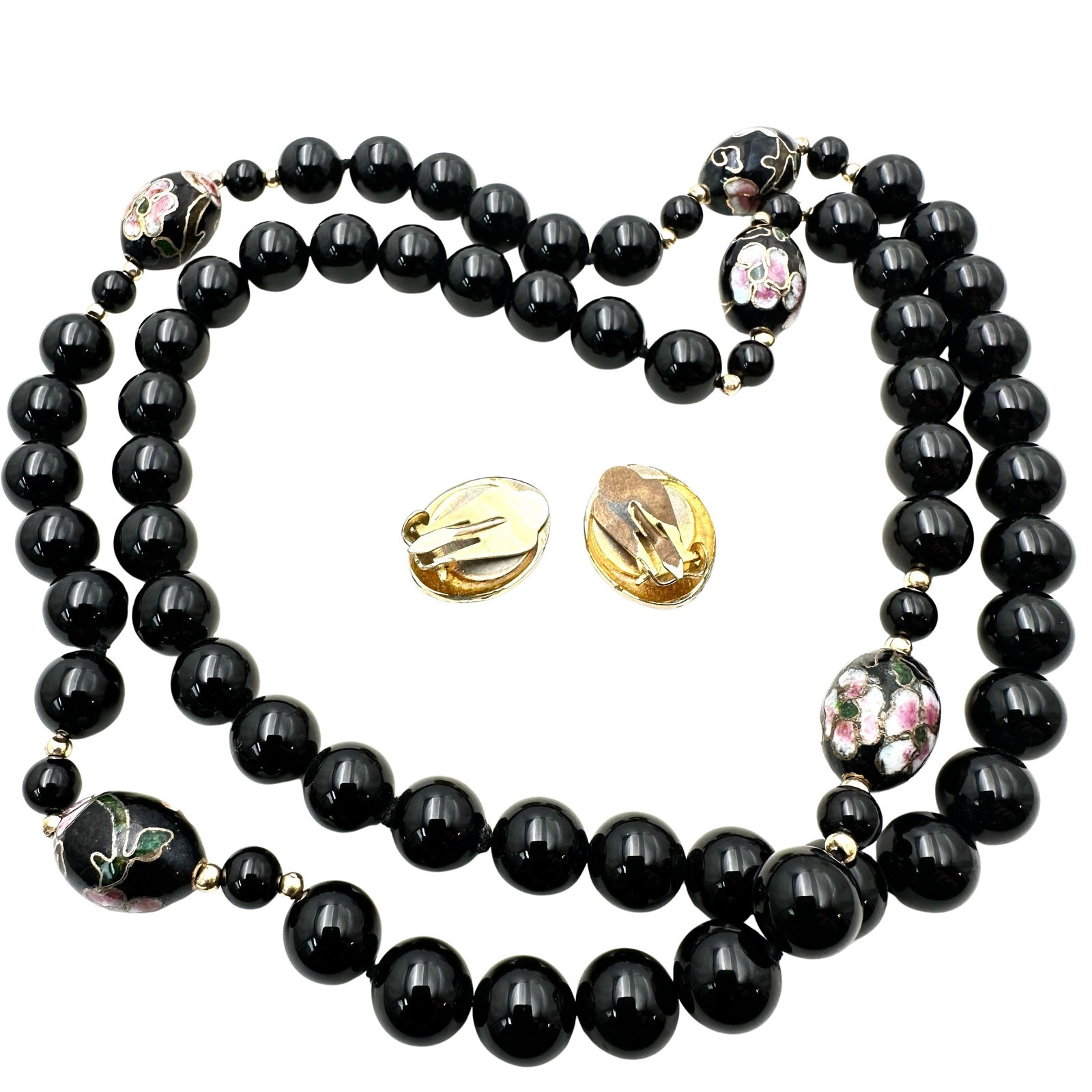 Vintage Asian Cloisonne Bead Gold Filled Necklace Coordinating Clip Earrings: Vintage Asian Cloisonne Bead Gold Filled Necklace Coordinating Clip Earrings