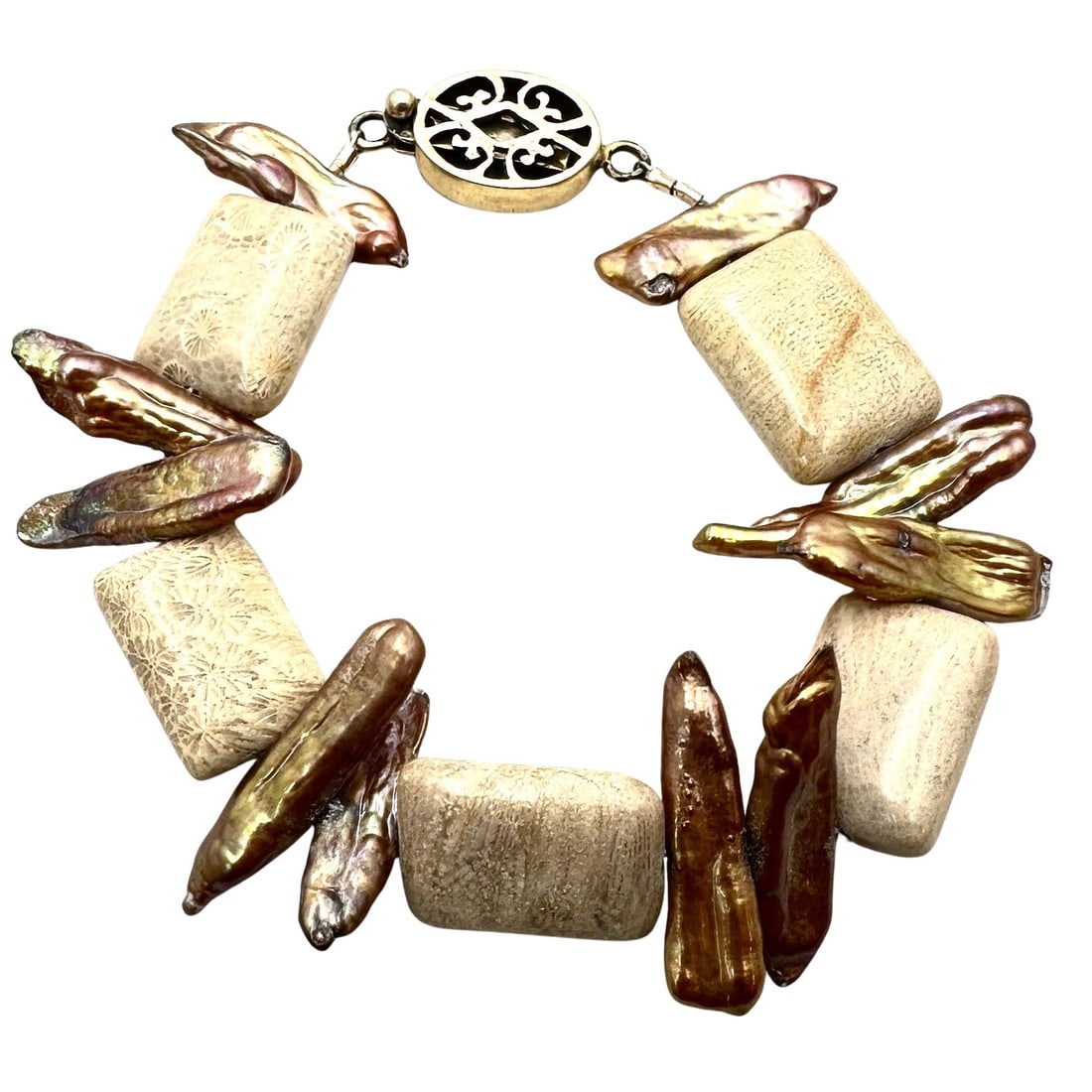 Gold Over Sterling Silver Jasper Pearl Bracelet 7 Inch: Gold Over Sterling Silver Jasper Pearl Bracelet 7 Inch