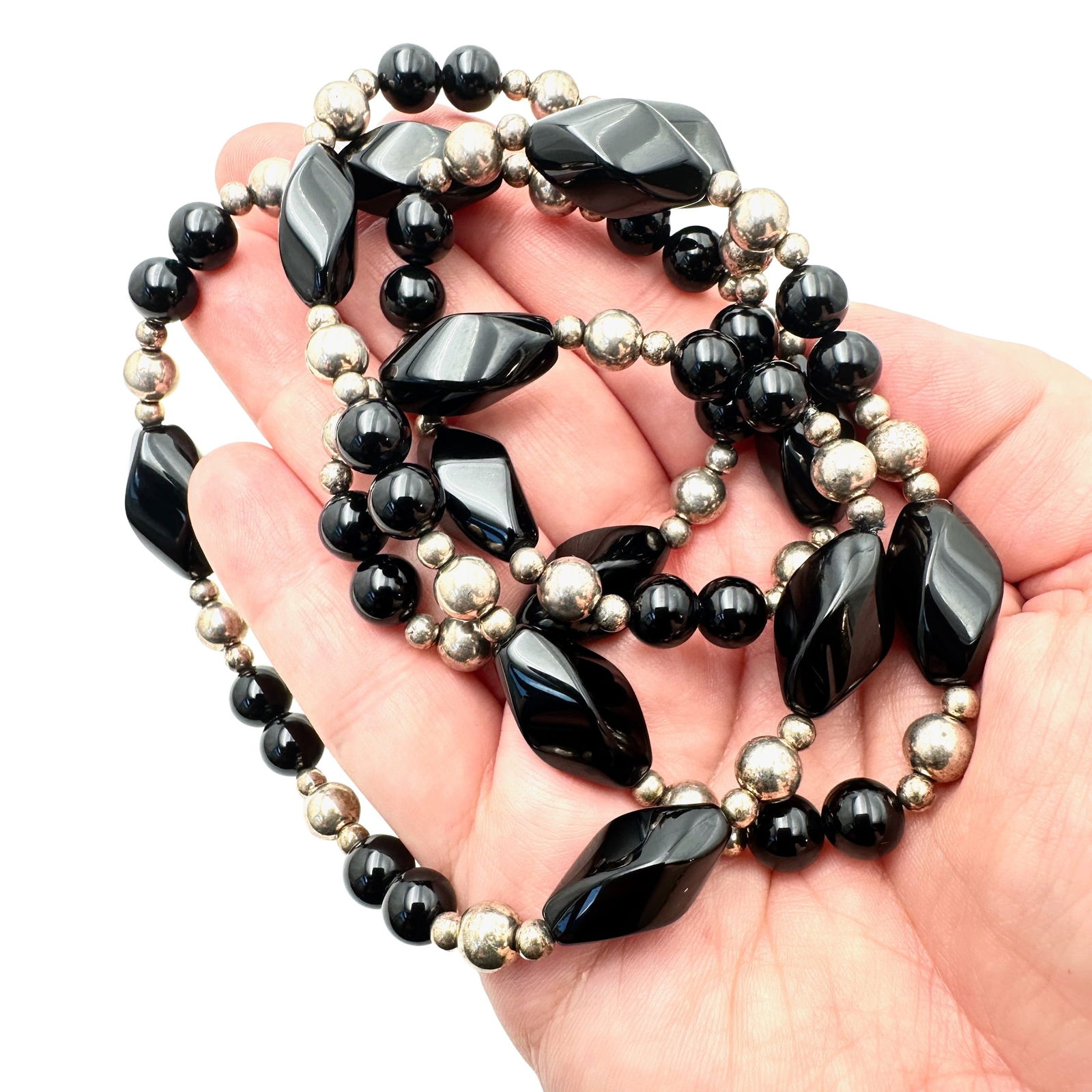 Sterling Silver Bead Black Onyx Necklace 30 Inch 72 Grams: Sterling Silver Bead Black Onyx Necklace 30 Inch 72 Grams