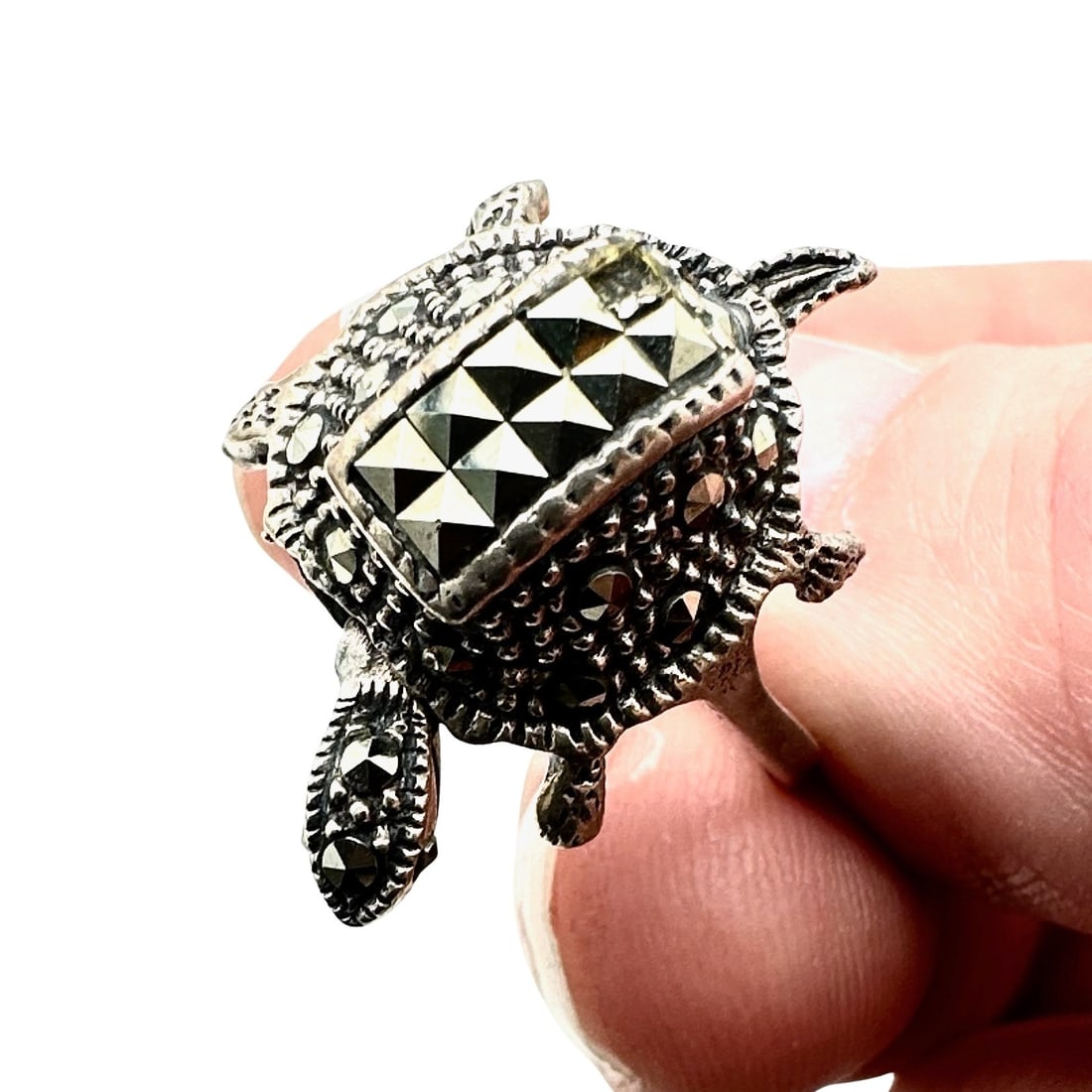 Sterling Silver Marcasite Turtle Ring Head Moves Size 9 (1 of 3)