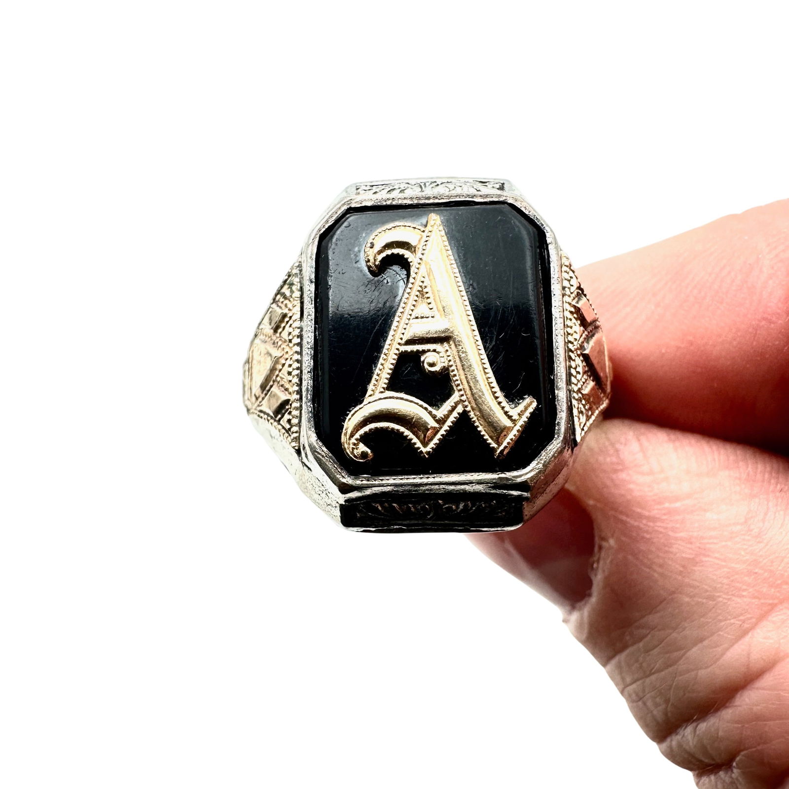 Antique Mixed Metal Sterling Silver Black Onyx A Ring Size 10.5 (1 of 3)