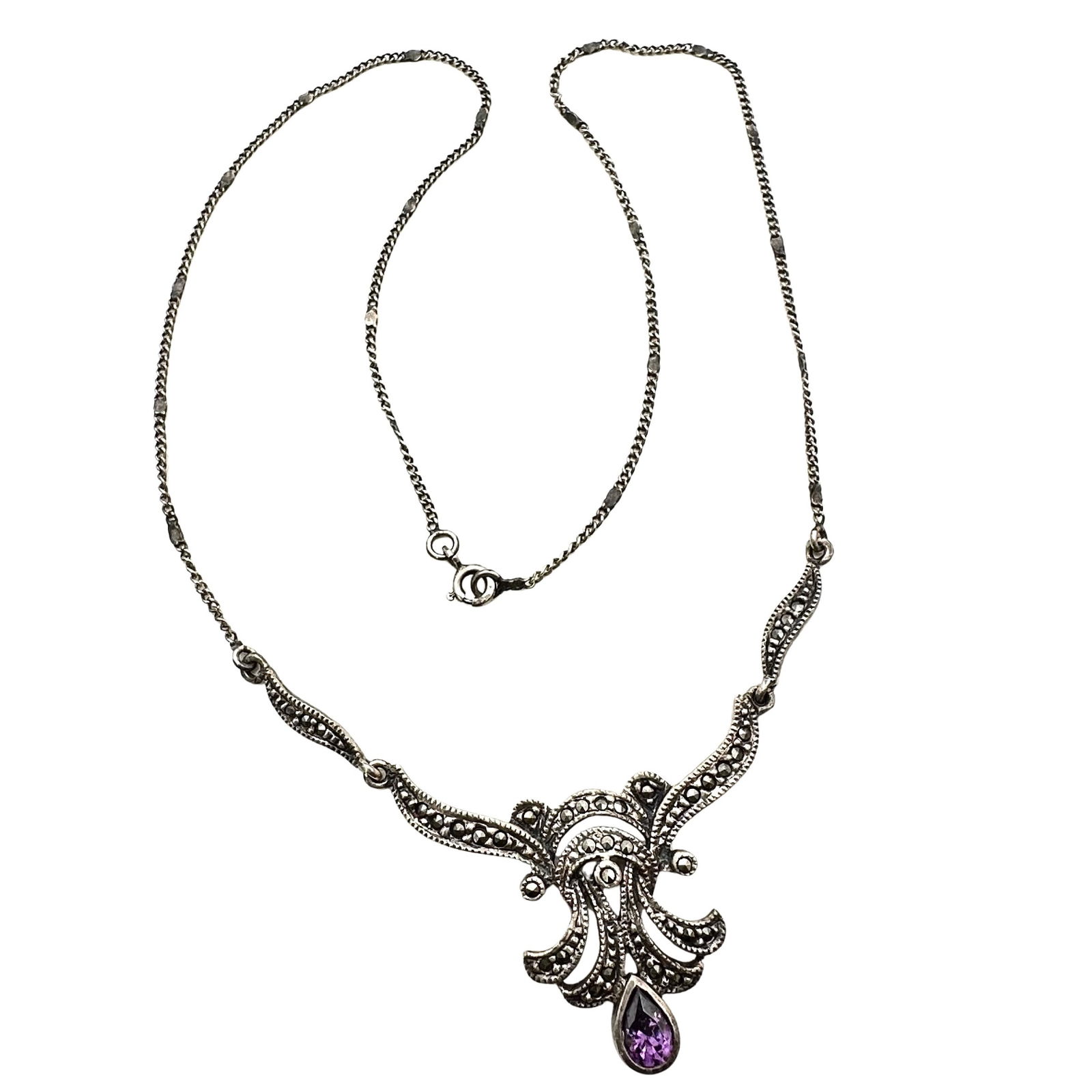 Vintage Sterling Silver Marcasite Necklace 16 Inch: Vintage Sterling Silver Marcasite Necklace 16 Inch