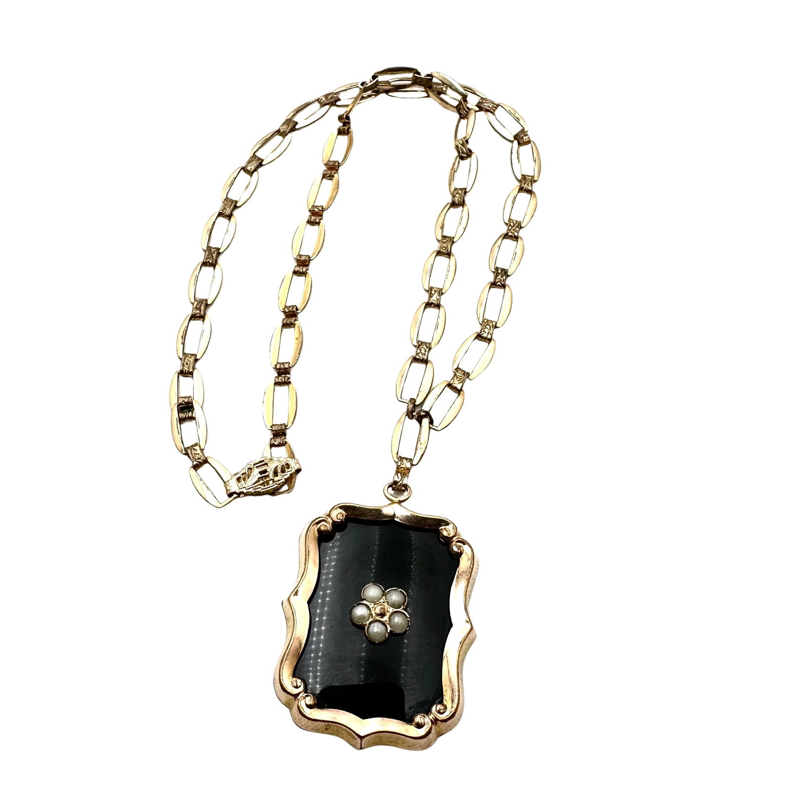 Antique Vintage Gold Filled Black Onyx Pearl Necklace 16 Inch Chain: Antique Vintage Gold Filled Black Onyx Pearl Necklace 16 Inch Chain