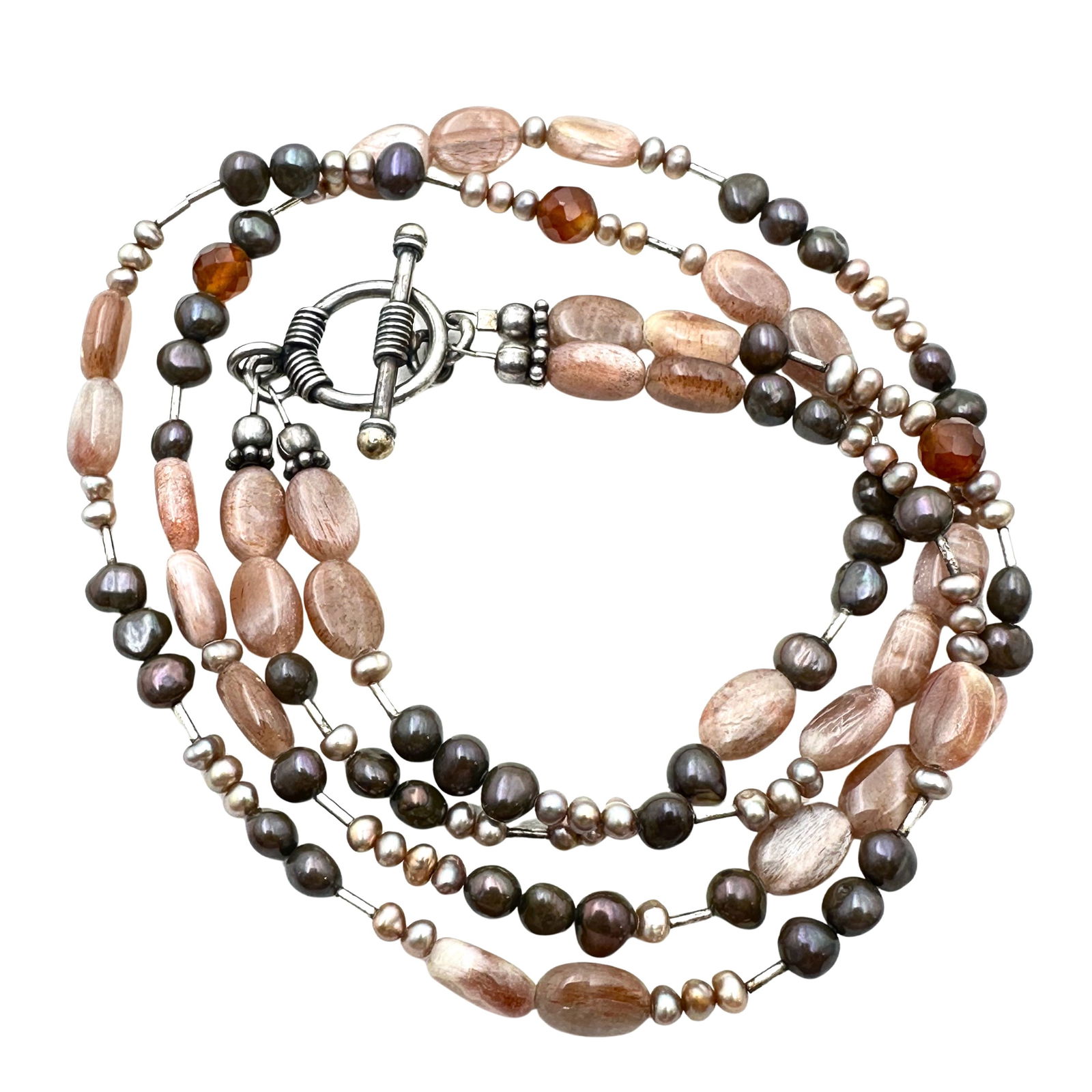 Sterling Silver Two Strand Pink Beige Brown Gemstone Pearl Necklace 16 Inch (1 of 3)