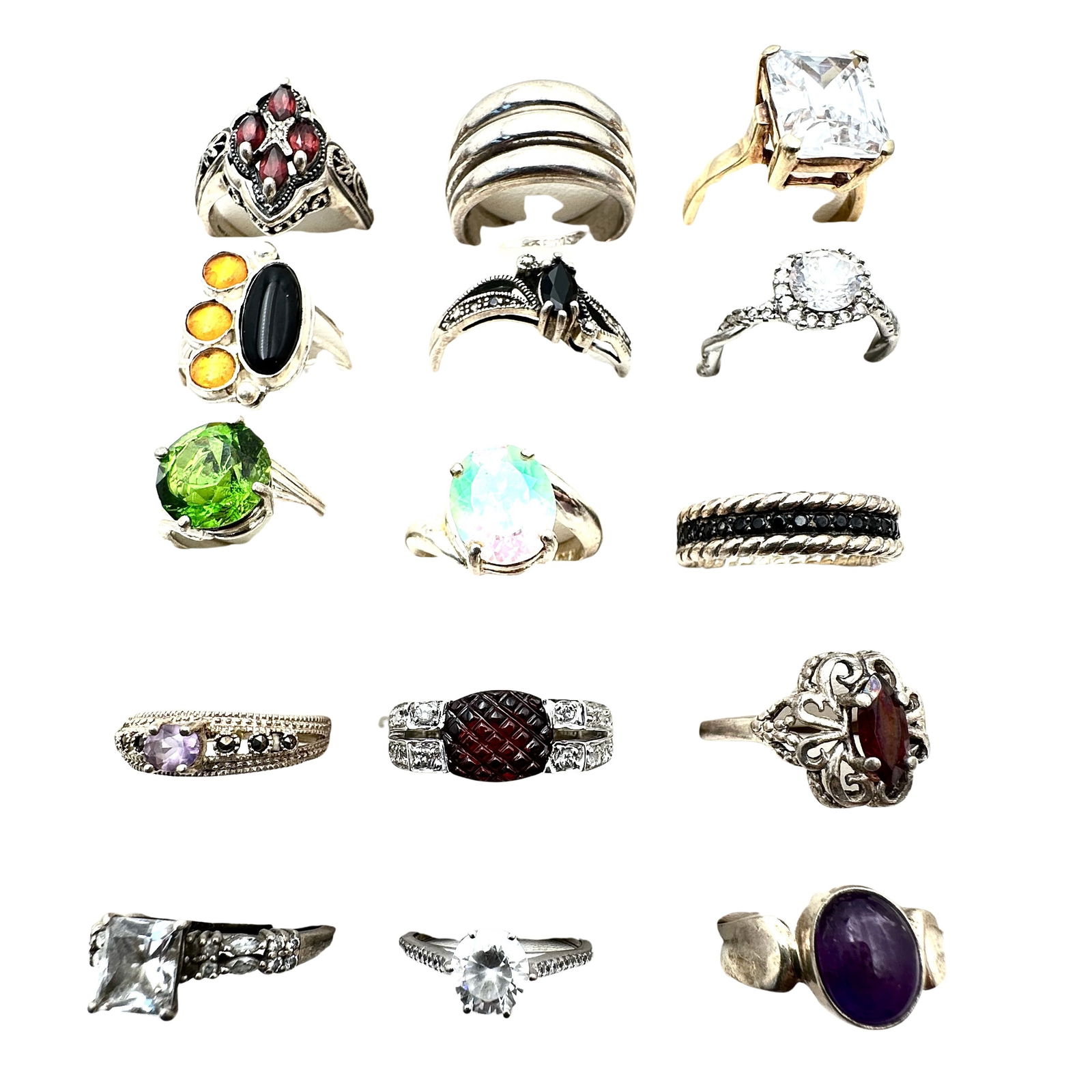 Sterling Silver Ring Lot 76 Grams Gemstones CZ Bands Variety of Sizes (1 of 2)