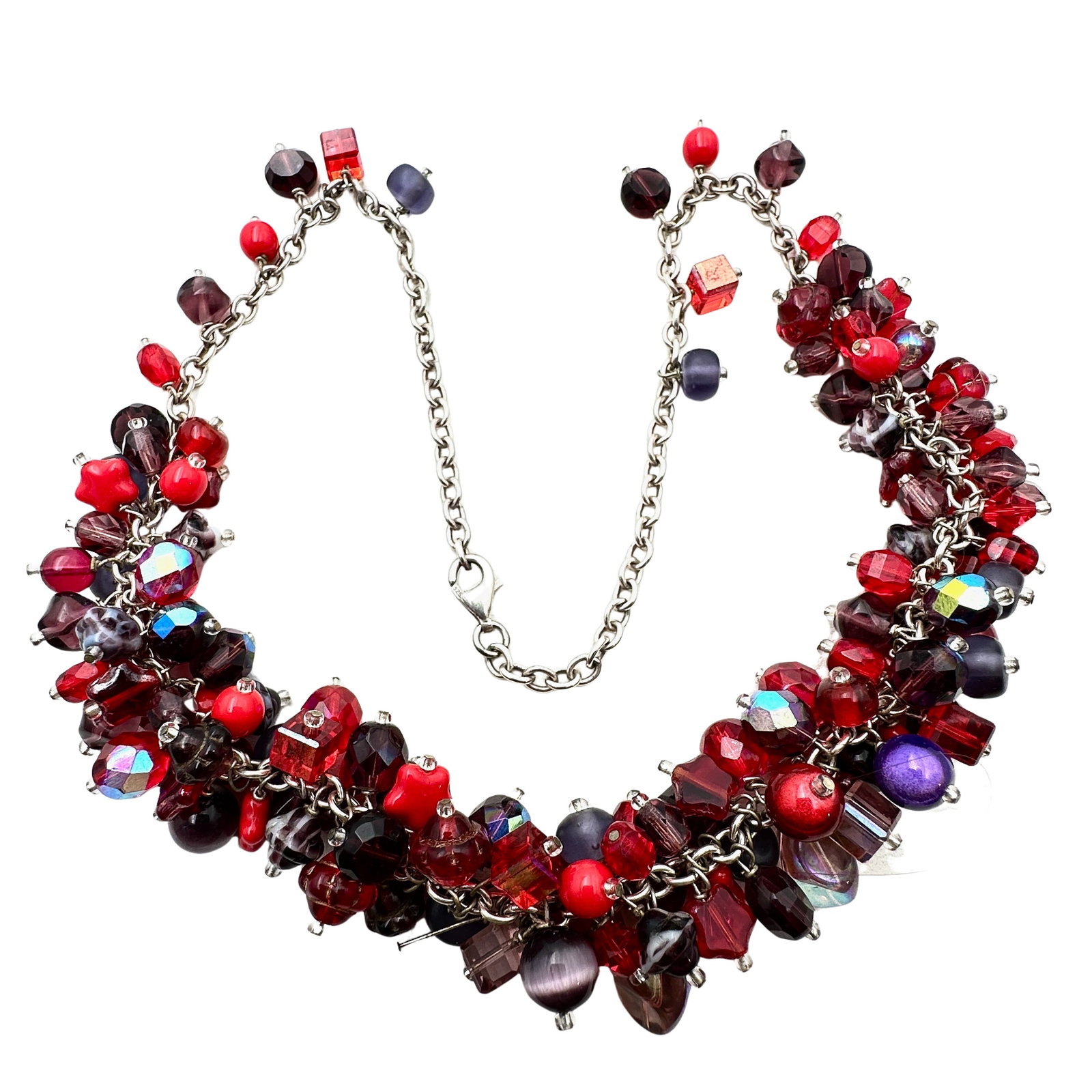 Sterling Silver Red Purple Art Glass Bead Cha Cha Necklace 18 Inch Length: Sterling Silver Red Purple Art Glass Bead Cha Cha Necklace 18 Inch Length