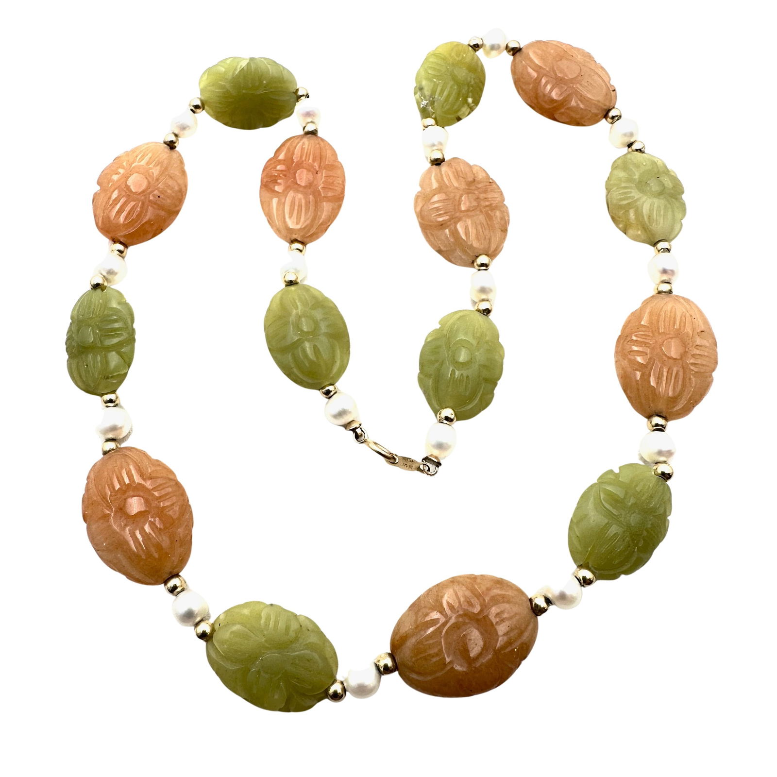 14K Gold Carved Jade Bead Necklace 16 Inch 40 Grams (1 of 3)