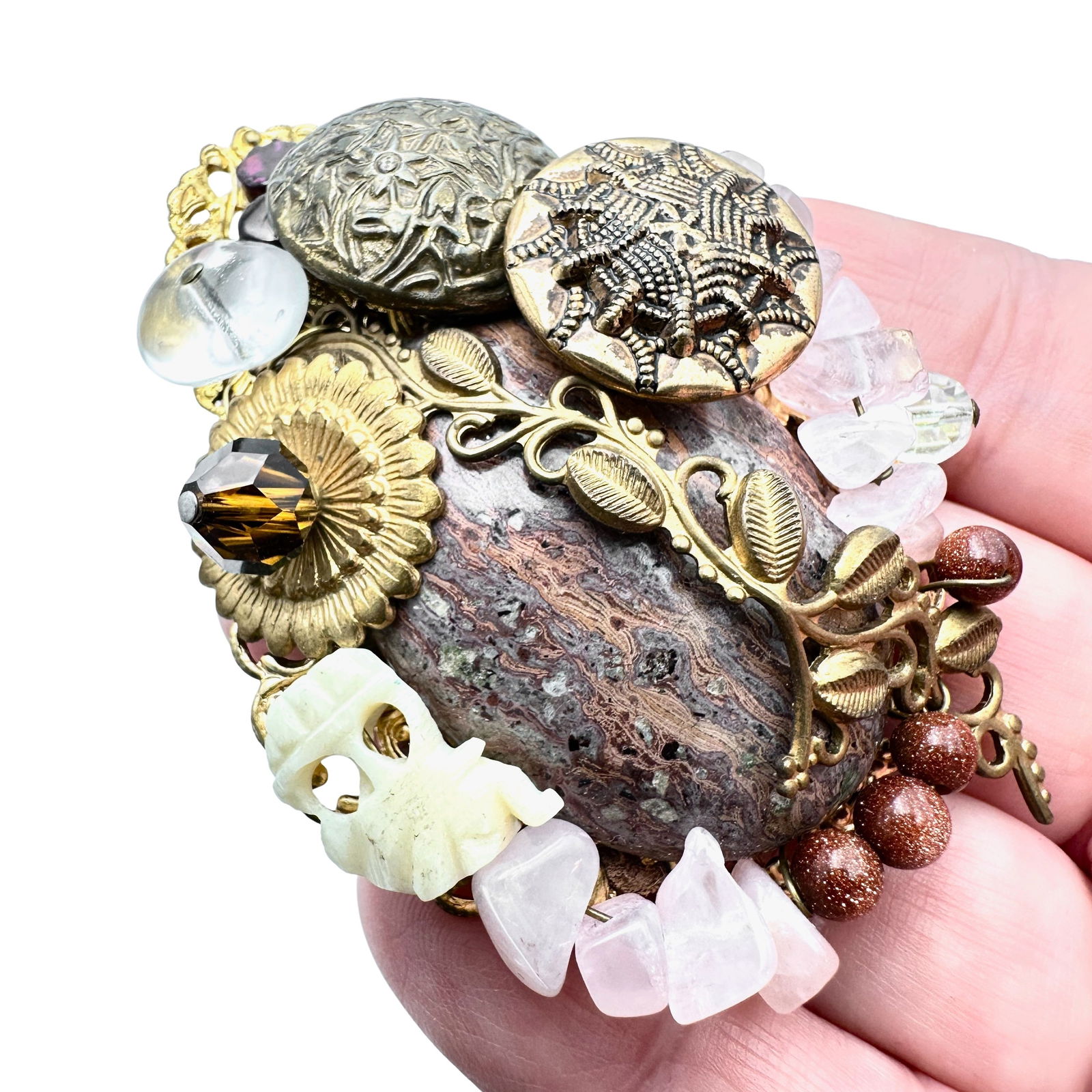 Vintage Brooch Designer Sara Jane Gemstones Bronze Tone Pin (1 of 3)