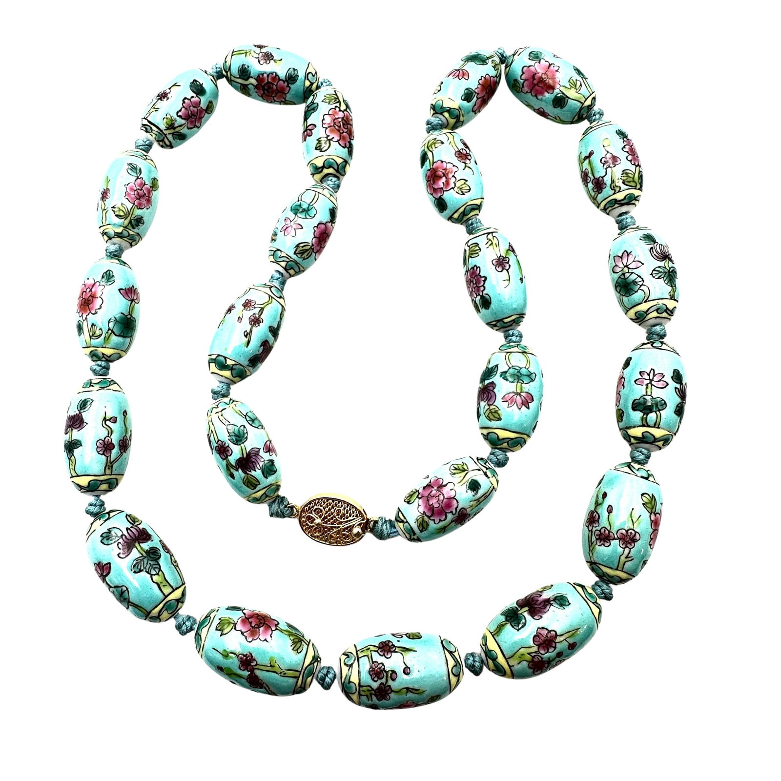 Vintage Chinese Porcelian Bead Necklace Hand Knotted Sterling Silver Vermeil Clasp: Vintage Chinese Porcelian Bead Necklace Hand Knotted Sterling Silver Vermeil Clasp