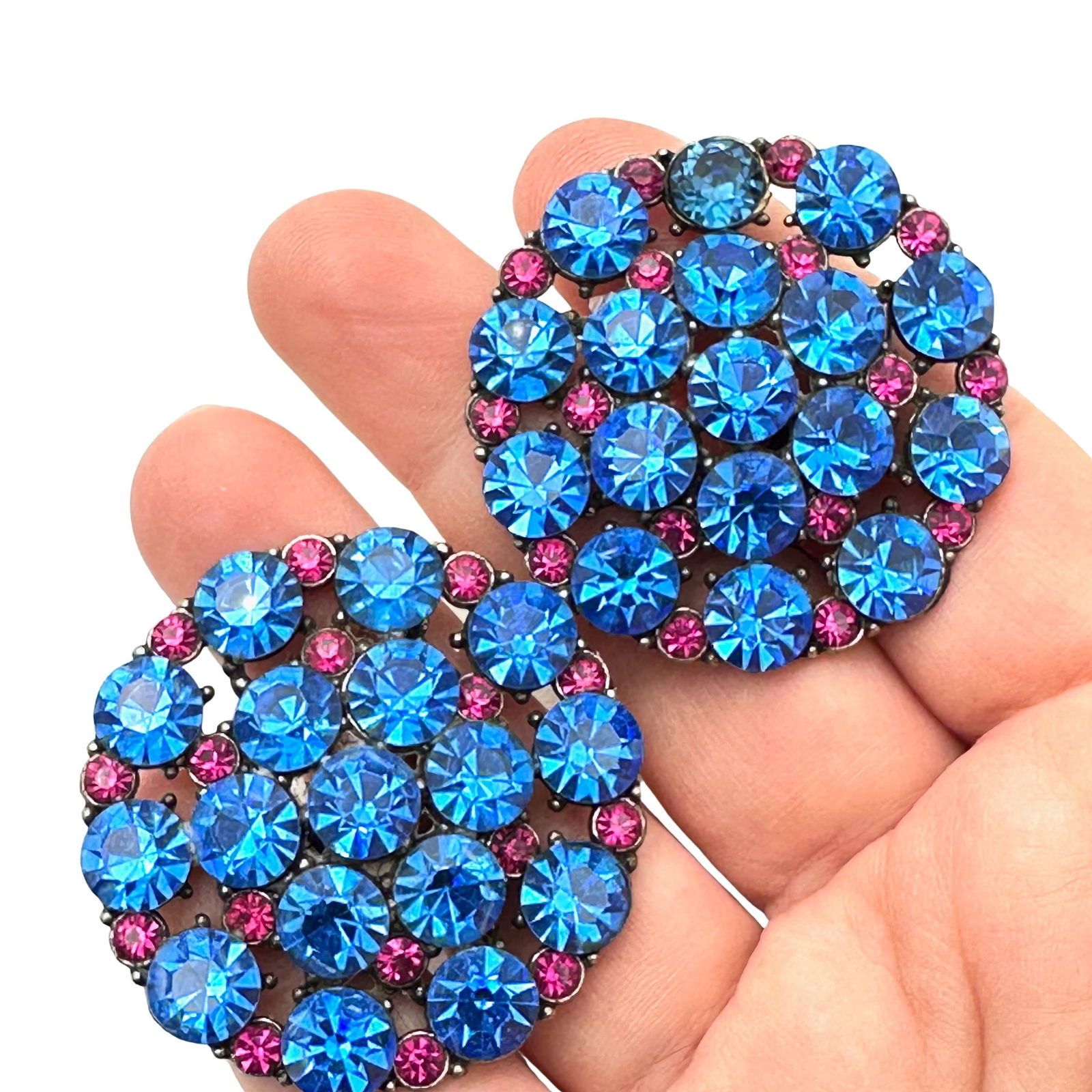 Vintage Antique Group 2 Buttons Bright Blue Dark Pink Pot Metal 1.5 Inch (1 of 3)