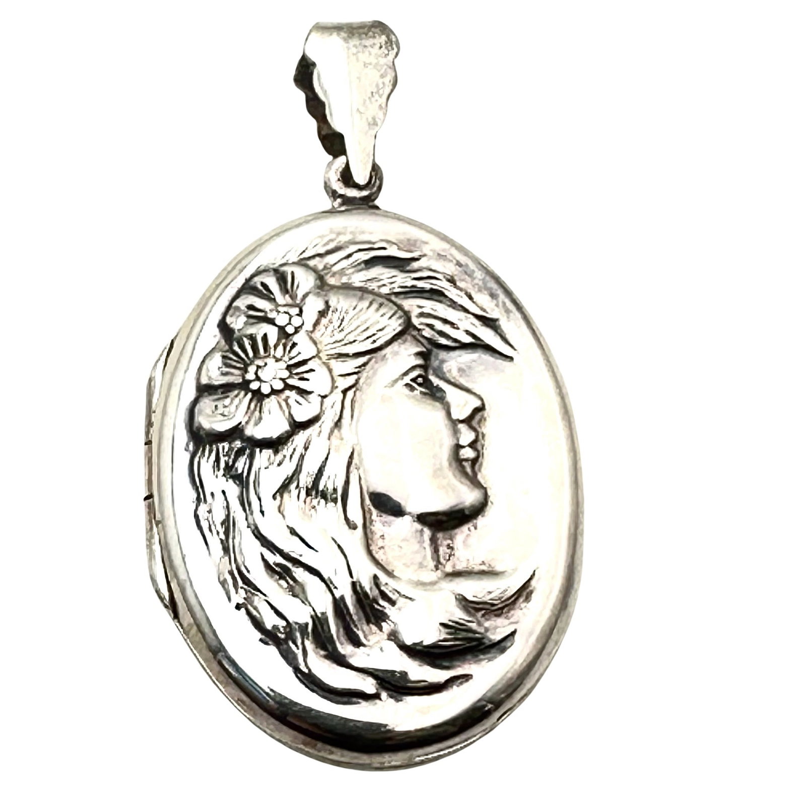 Vintage Sterling Silver Picture Locket 2 Inch Lady With Rose On Hair On Cover: Vintage Sterling Silver Picture Locket 2 Inch Lady With Rose On Hair On Cover