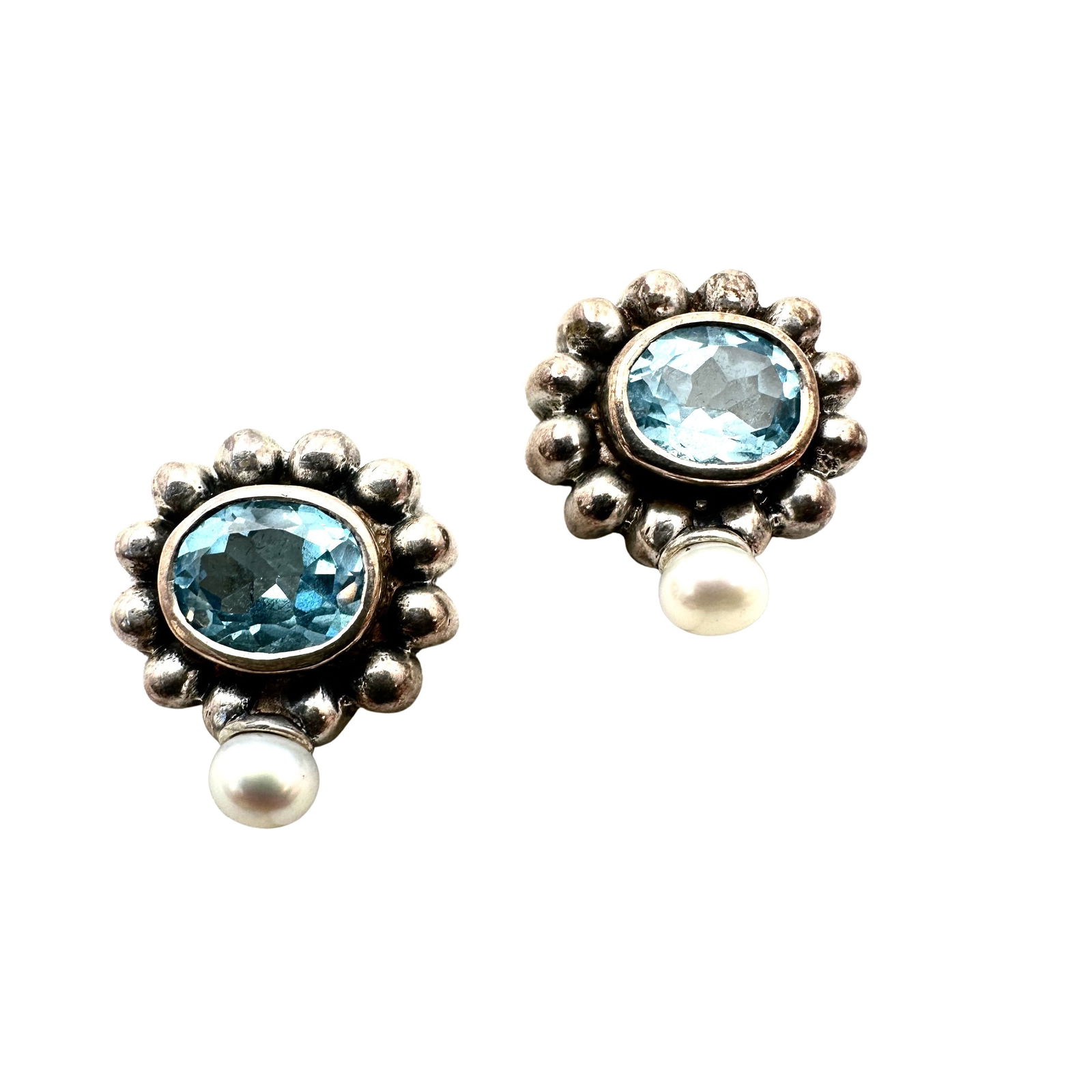 Blue Topaz Pearl Sterling Silver Earrings Pierced Signed NF 925: Blue Topaz Pearl Sterling Silver Earrings Pierced Signed NF 925