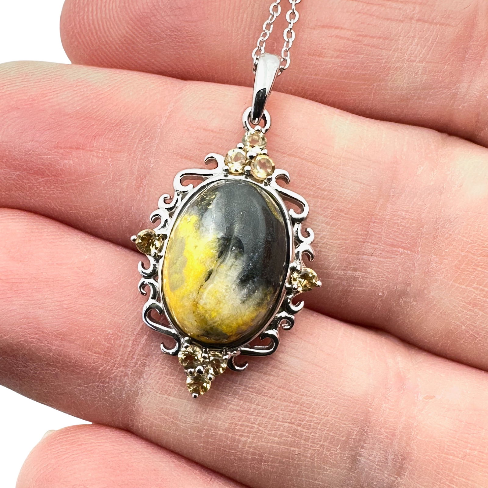 Bumble Bee Jasper Citrine Sterling Silver Pendant Necklace 16 Inch Length (1 of 3)