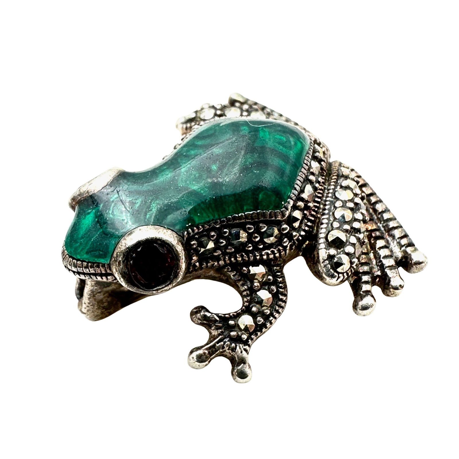 Figural Frog Brooch Sterling Silver Marcasite Gemstone Eyes Green Enamel 1 Inch (1 of 3)