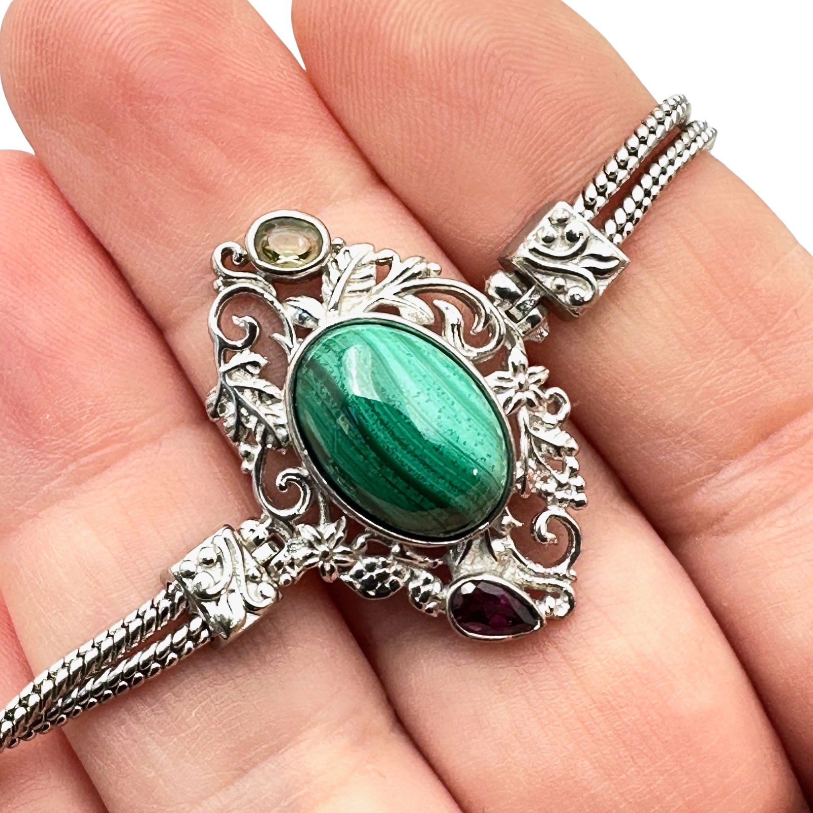 Malachite Peridot Amethyst 950 Sterling Silver Bracelet 7.5 Inch 15 Grams (1 of 3)