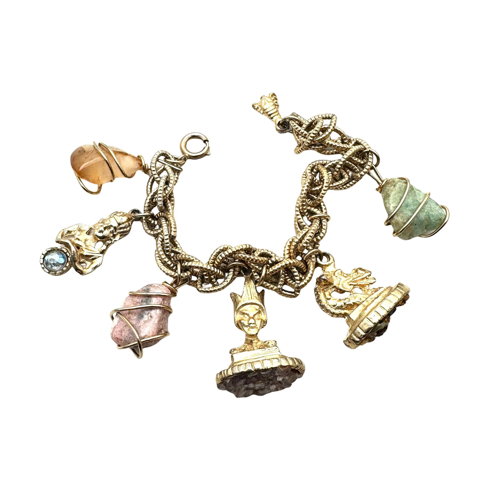 Vintage Gold Tone Fob Charm Bracelet Egyptian Revival Gemstone Charms 7 Inch: Vintage Gold Tone Fob Charm Bracelet Egyptian Revival Gemstone Charms 7 Inch