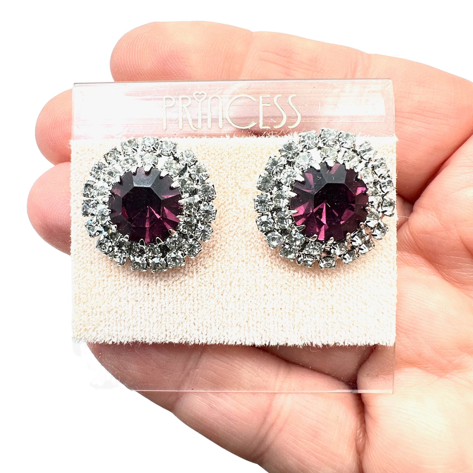 Vintage Purple And Clear Rhinestone Pierced Earrings On Original Card: Vintage Purple And Clear Rhinestone Pierced Earrings On Original Card