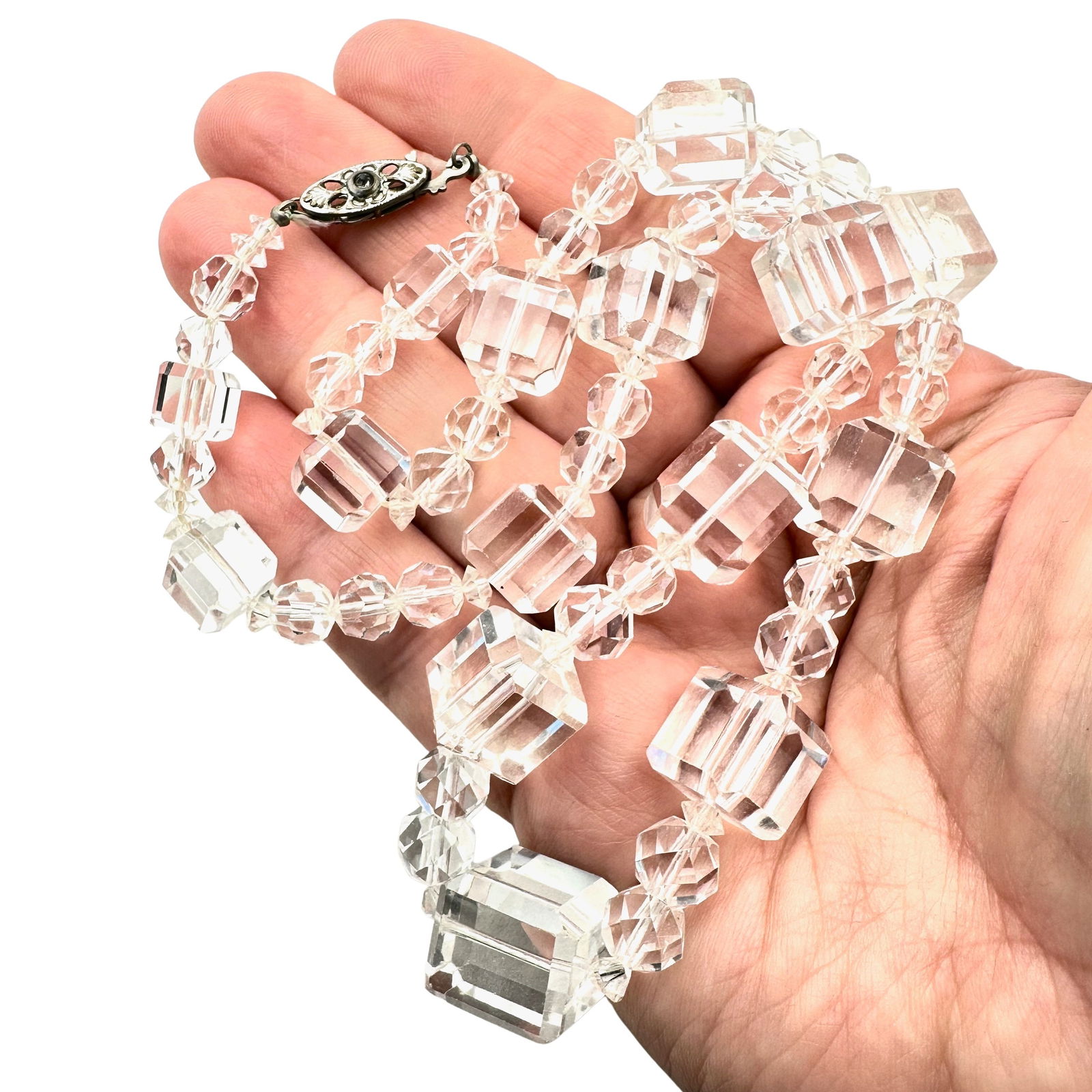 Antique Cut Crystal Bead Sterling Clasp Necklace 18 Inch: Antique Cut Crystal Bead Sterling Clasp Necklace 18 Inch