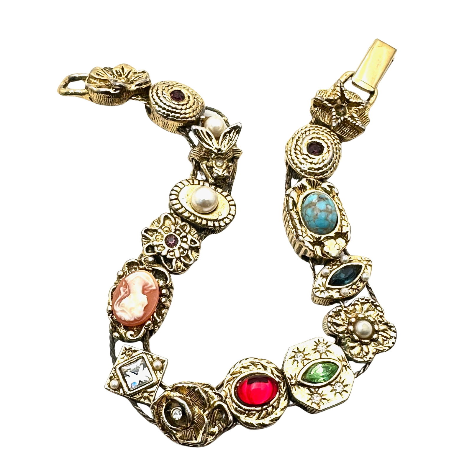 Vintage Slide Bracelet gold Tone 7 Inch Multi Color Cameo (1 of 3)