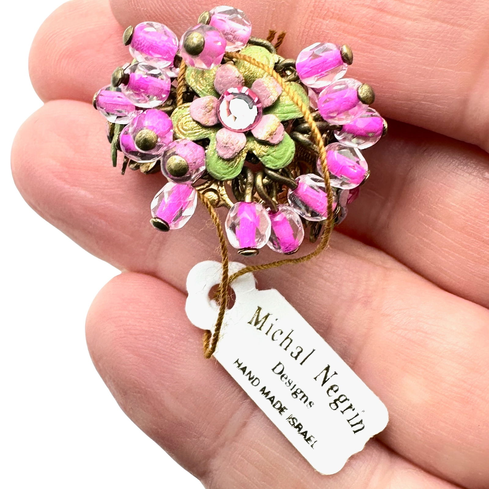 Michal Negrin Pink Floral Bronze Tone Ring Original Tag Adjustable Size (1 of 3)