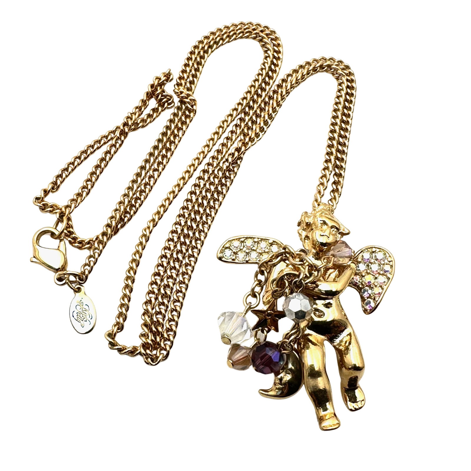 Vintage Kirks Folly Angel Cherub Crystal Gold Tone Necklace: Vintage Kirks Folly Angel Cherub Crystal Gold Tone Necklace
