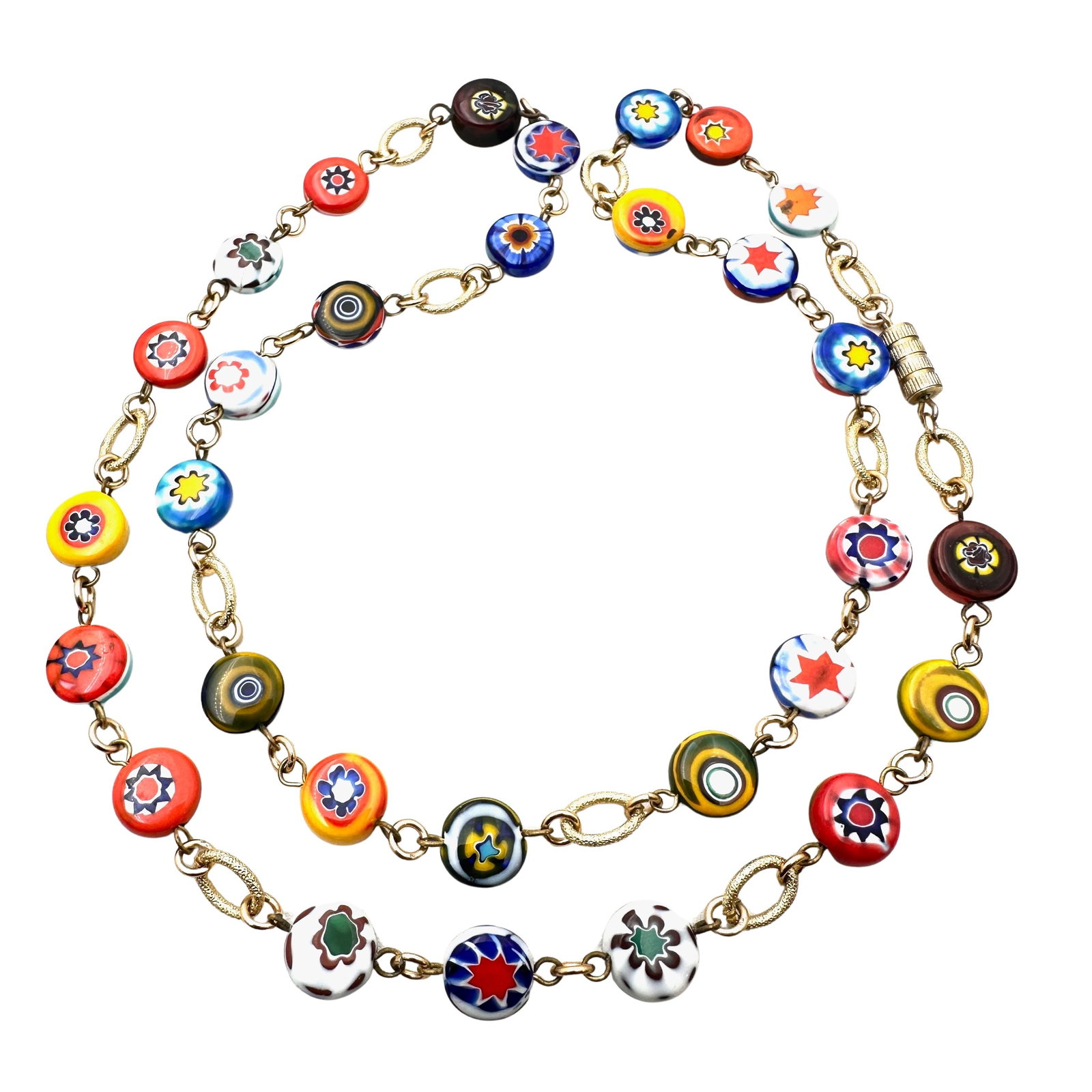 Vintage Millefiori Murano Glass Bead Gold Tone Necklace 24 Inch: Vintage Millefiori Murano Glass Bead Gold Tone Necklace 24 Inch