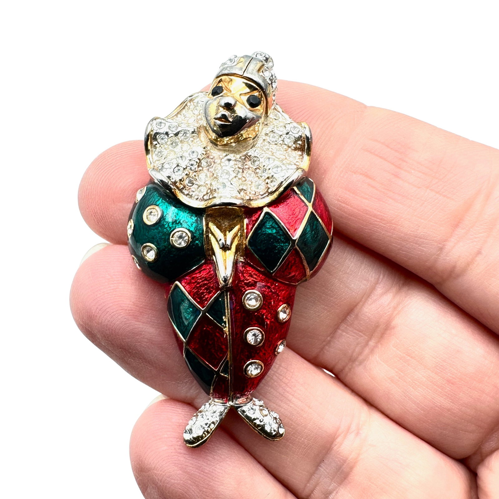 Vintage Jester Clown Enamel Rhinestone Gold Tone Brooch Figural: Vintage Jester Clown Enamel Rhinestone Gold Tone Brooch Figural