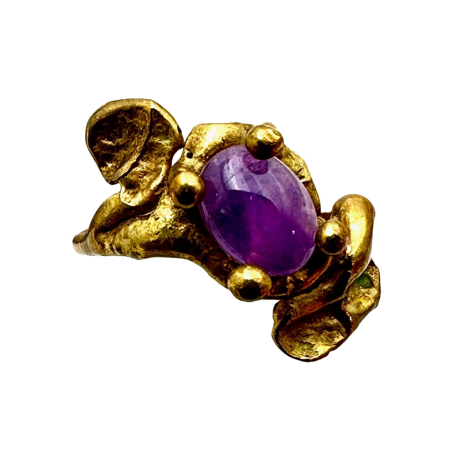 Vintage Brutalist Brass Purple Amethyst Ring Size 7: Vintage Brutalist Brass Purple Amethyst Ring Size 7