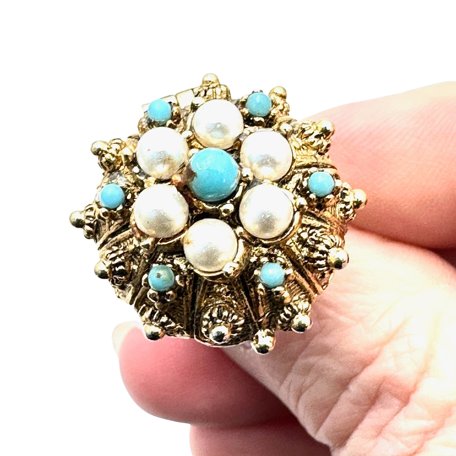 Vintage Art Arthur Pepper Faux Turquoise Pearl Poison Perfume Gold Tone Ring Adjustable: Vintage Art Arthur Pepper Faux Turquoise Pearl Poison Perfume Gold Tone Ring Adjustable