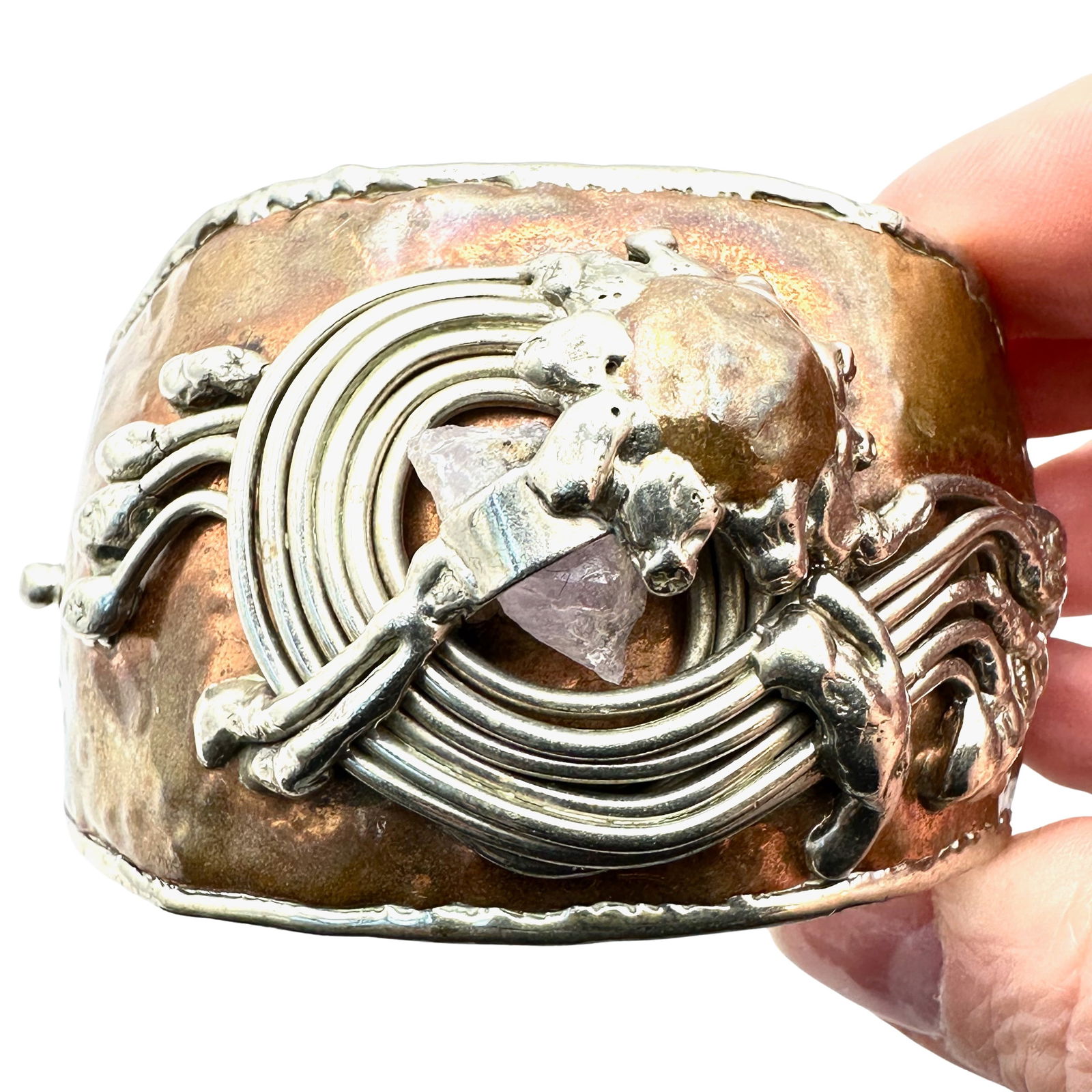 Vintage Brutalist Artisan Cuff Bracelet Adjustable Size Copper Brass Silver (1 of 3)