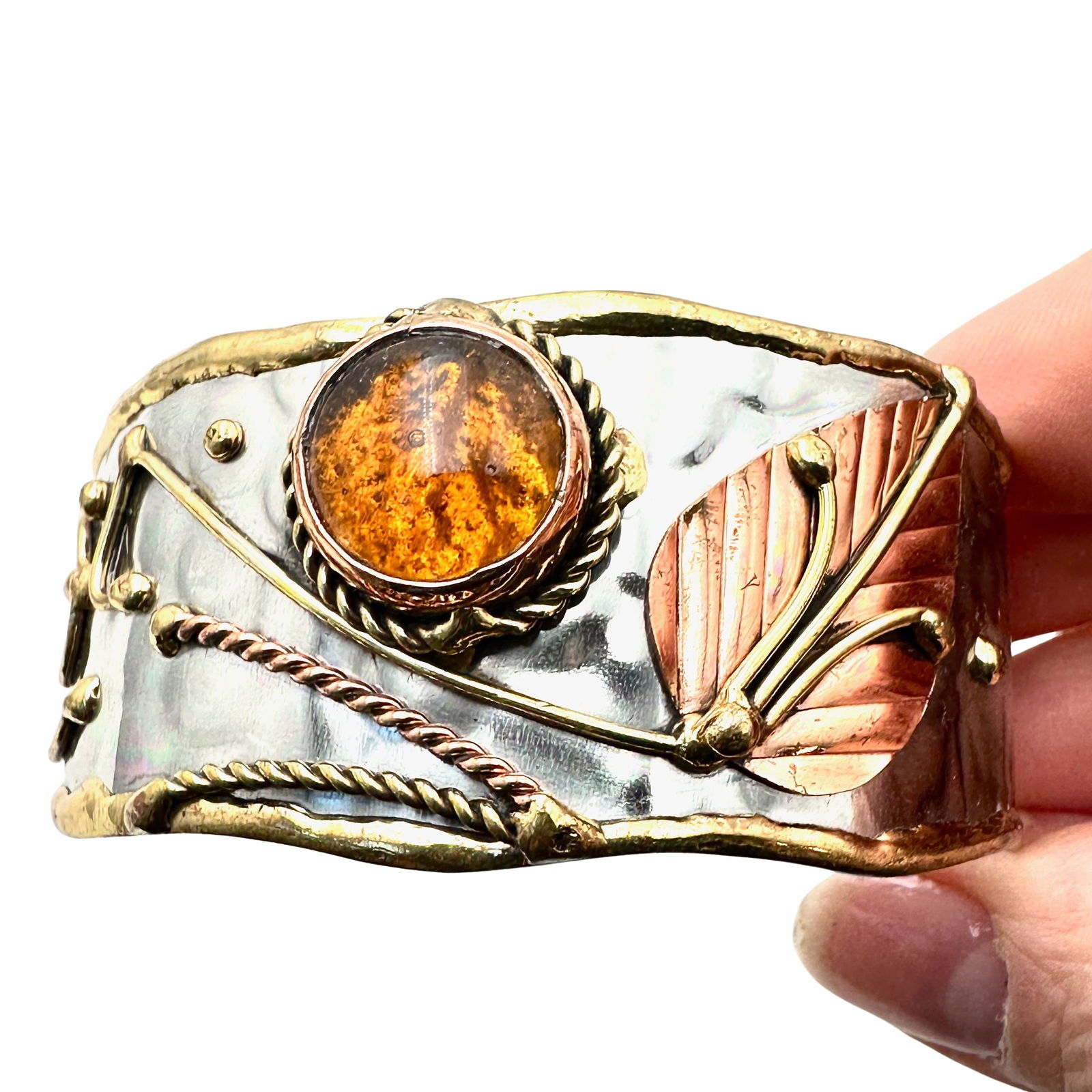 Vintage Artisan Bracelet Amber Copper Brass Silver Adjustable Size (1 of 3)