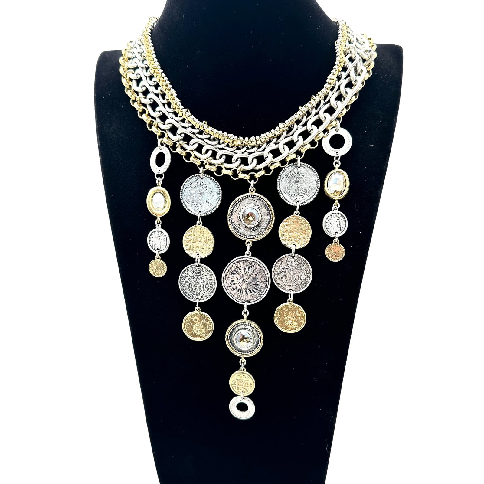 Statement Necklace Silver Gold Tone Hammered Coins Festoon Style By Chicos 16 to 18 Inch: Statement Necklace Silver Gold Tone Hammered Coins Festoon Style By Chicos 16 to 18 Inch