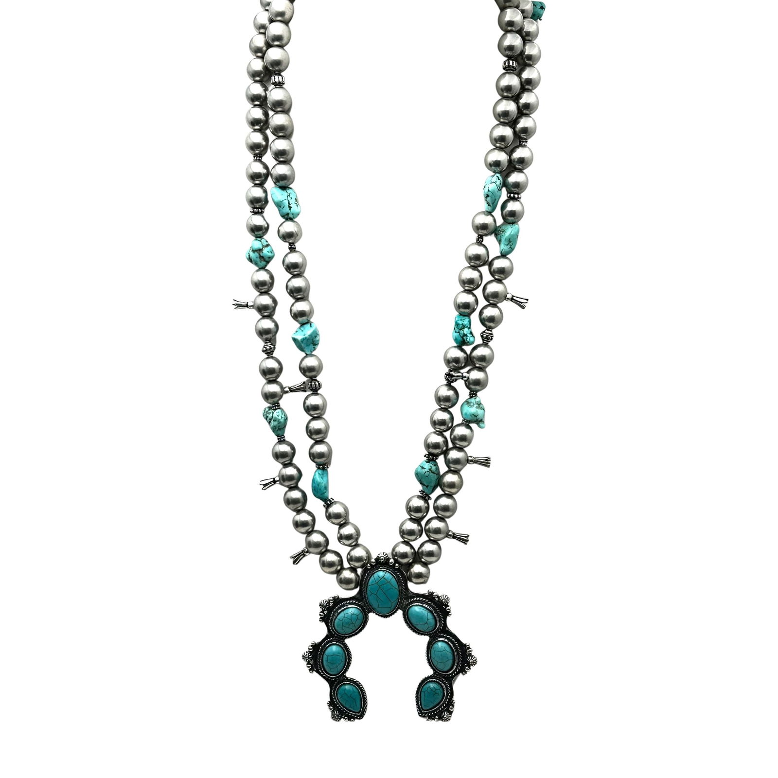 Gigantic Faux Squash Blossom Style Necklace Silver Tone 28 to 30 Inch Length: Gigantic Faux Squash Blossom Style Necklace Silver Tone 28 to 30 Inch Length