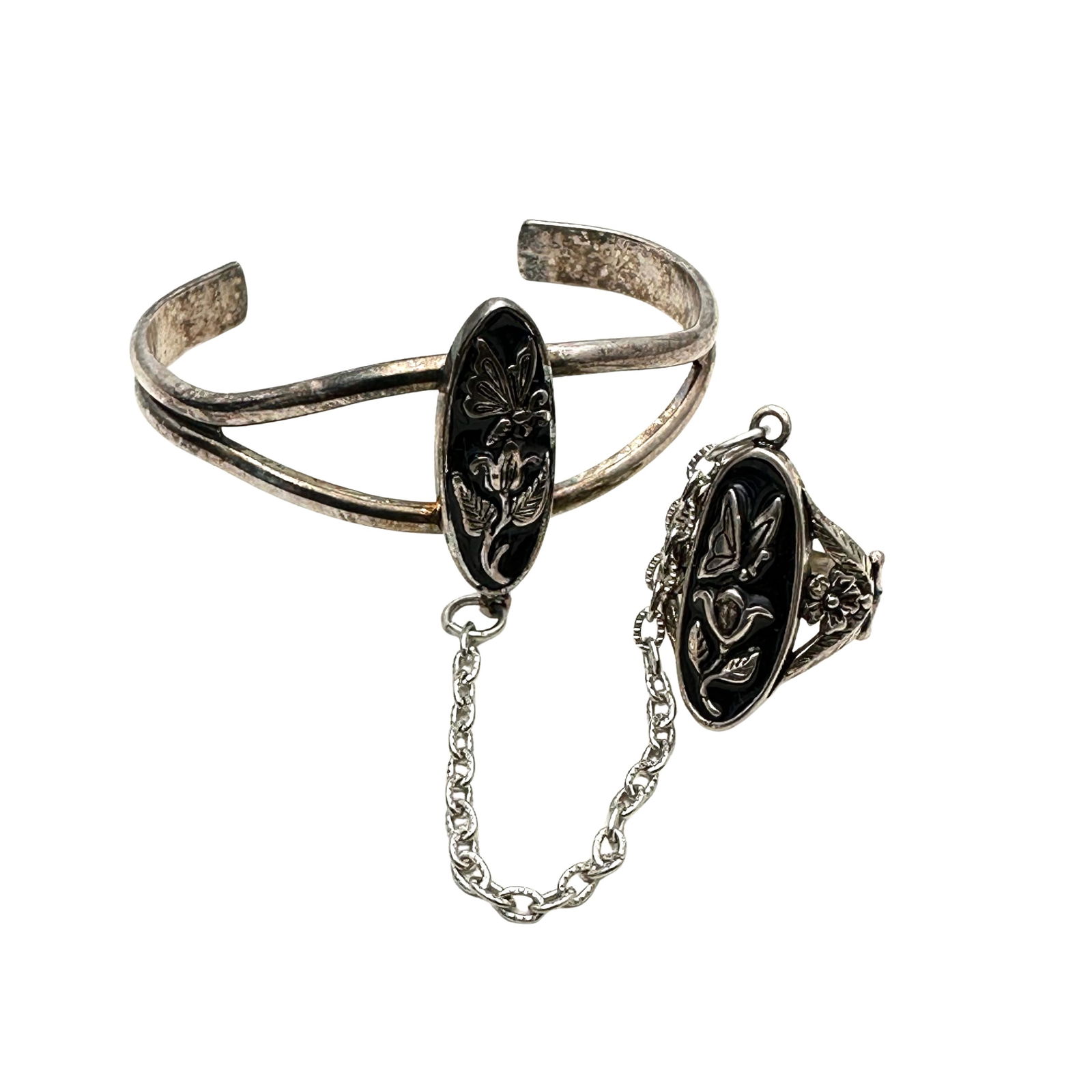 Vintage G & S 1989 Silver Tone Slave Bracelet 7 Inch Ring 8.5 Flower Butterfly Design: Vintage G & S 1989 Silver Tone Slave Bracelet 7 Inch Ring 8.5 Flower Butterfly Design