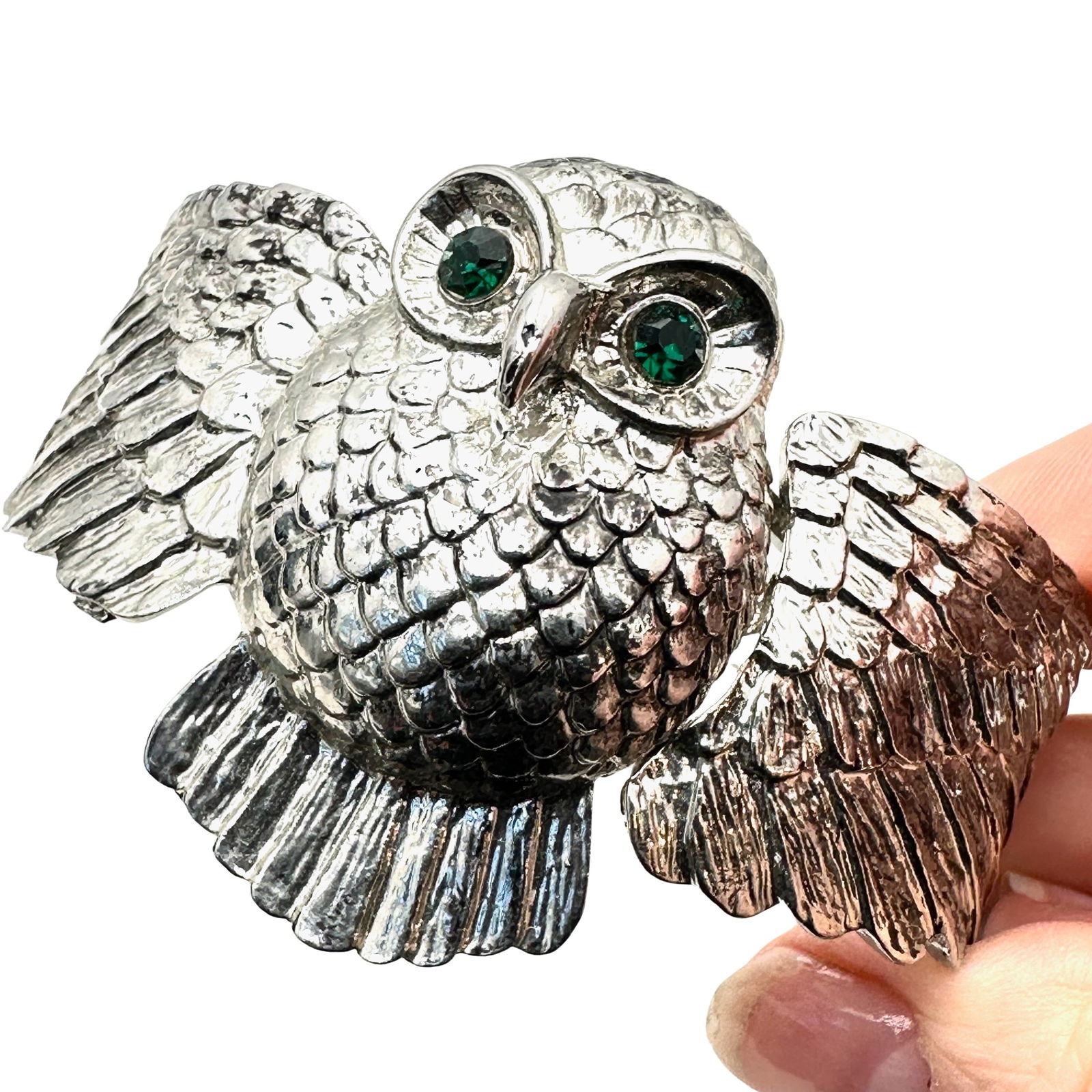 Vintage Owl Design Cuff Bracelet Silver Tone Green Rhinestones: Vintage Owl Design Cuff Bracelet Silver Tone Green Rhinestones