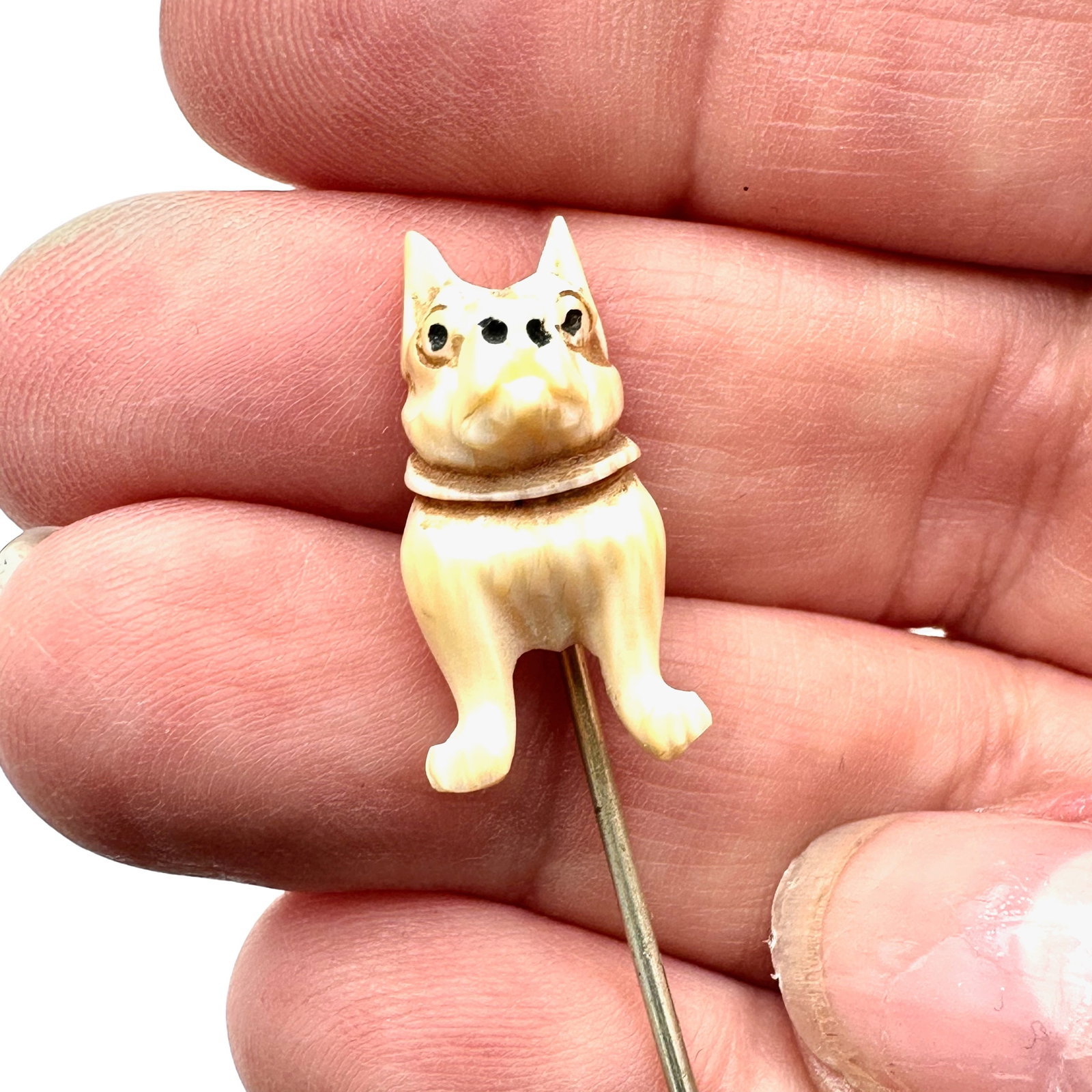 Antique Carved Dog Stick Pin Silver Bull Dog Vintage Unique One of a Kind Dog Lover (1 of 3)