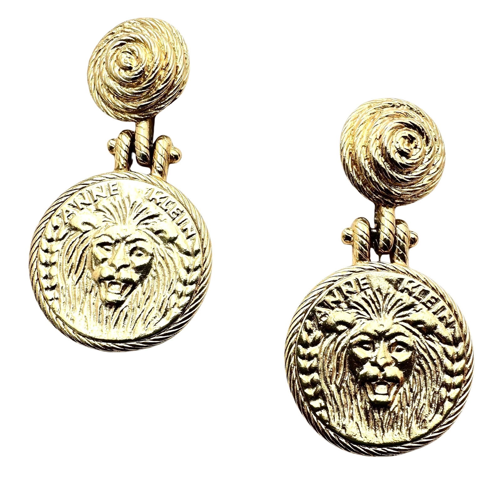 Vintage Anne Klein Large Lion Logo Clip Gold Tone Earrings 2.5 Inch (1 of 3)