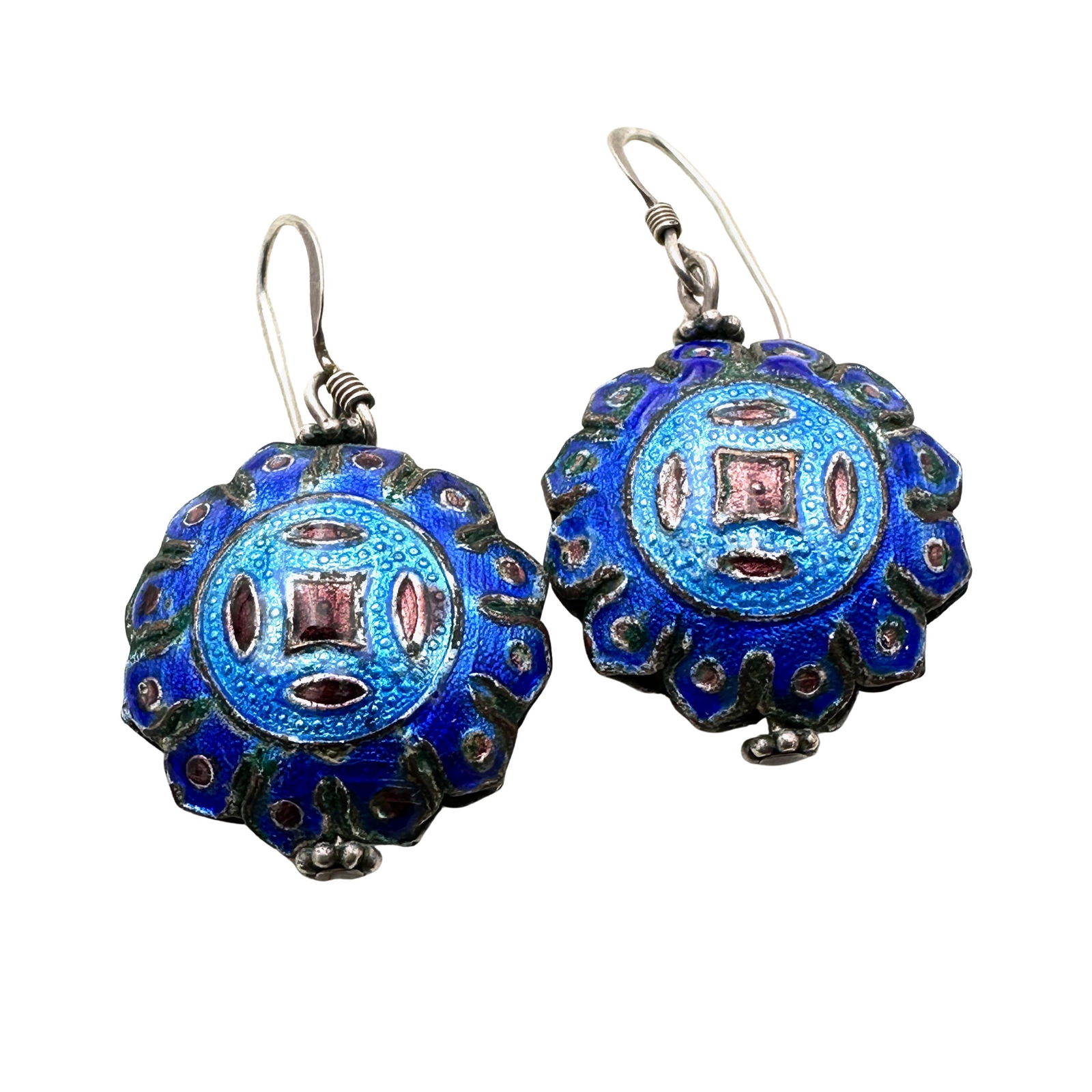 Vintage Asian Sterling Silver Enamel Drop Pierced Earrings (1 of 3)