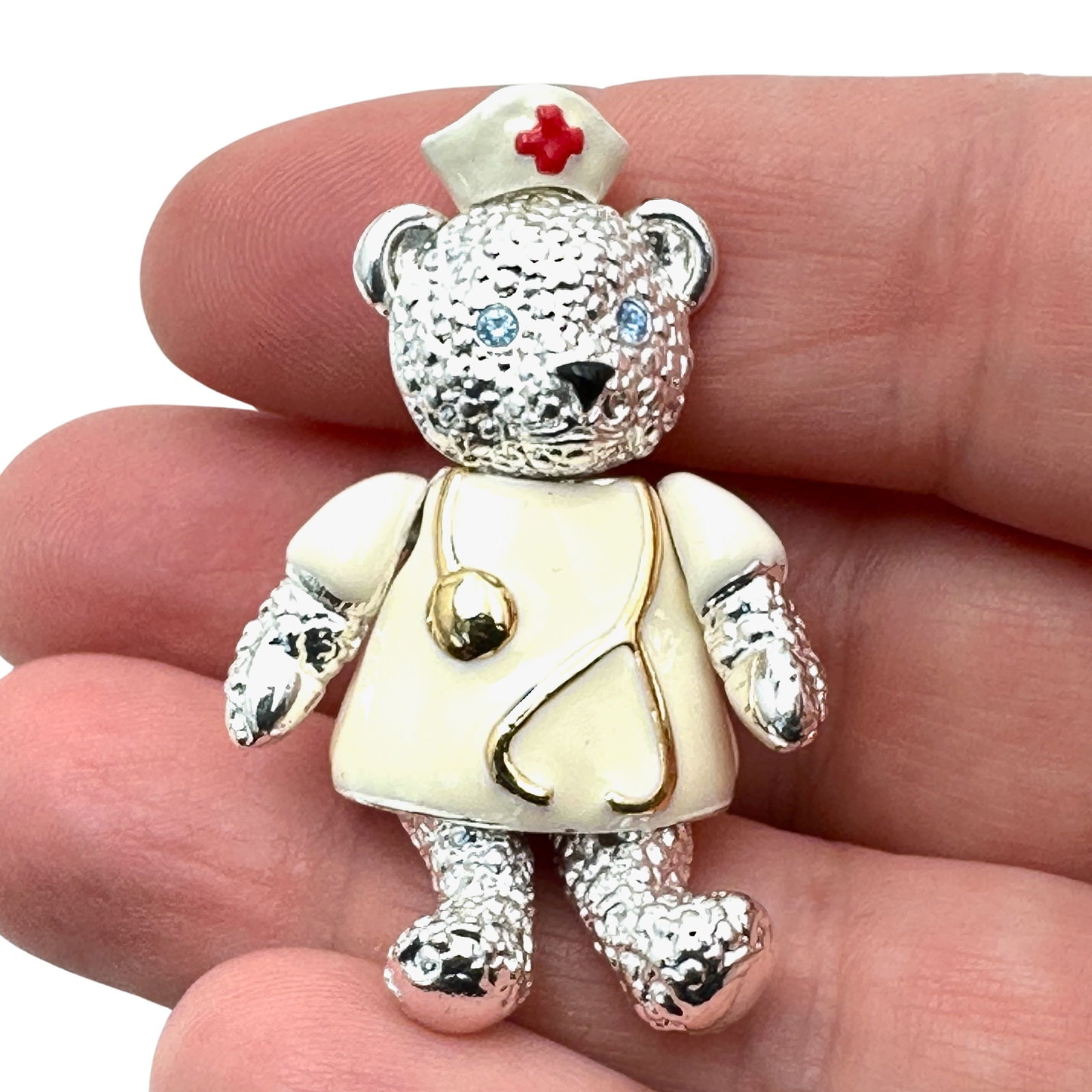 Vintage Napier Articulated Teddy Bear Brooch Nurse Silver Tone (1 of 3)