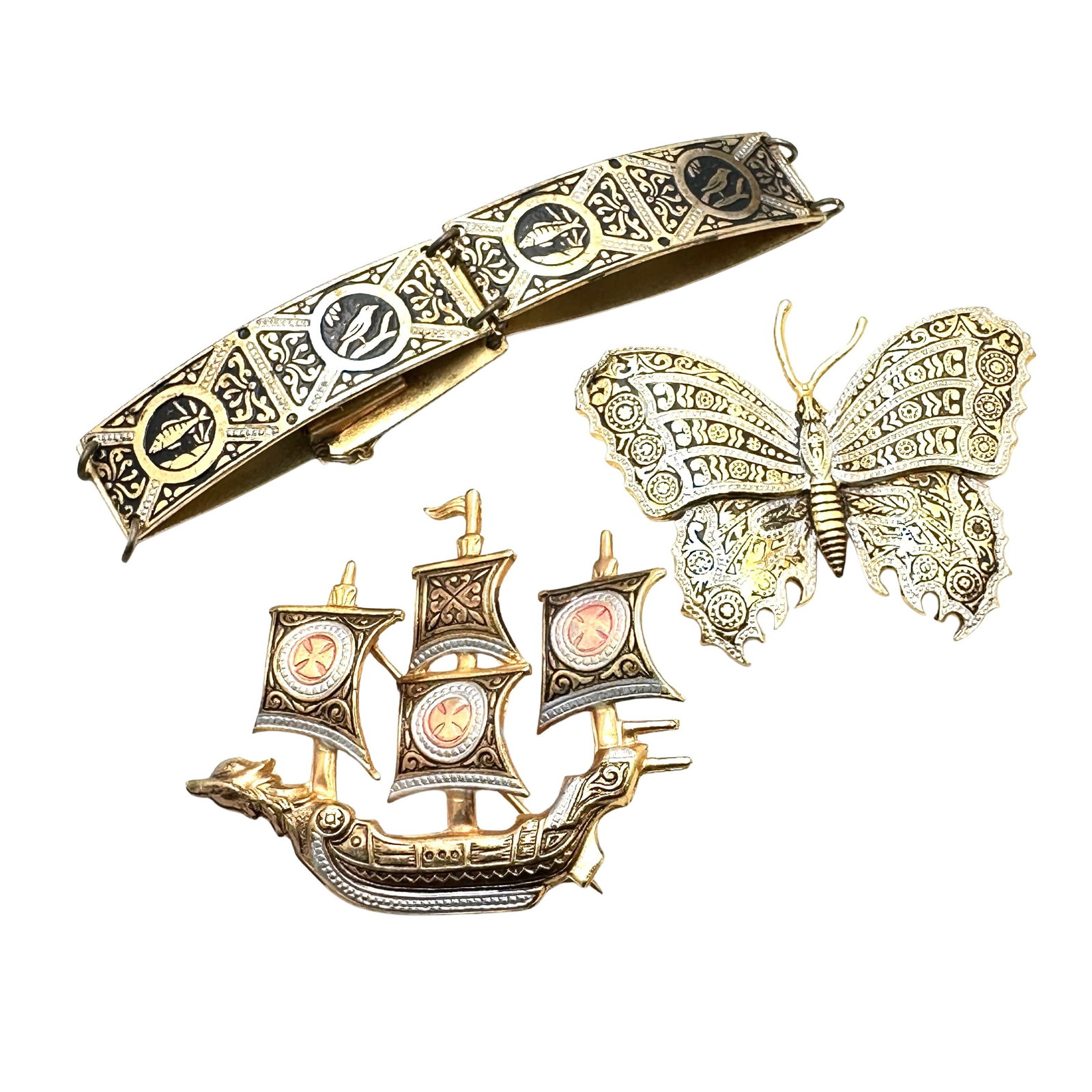 Vintage Group Damascene Brooches Bracelet Butterfly Ship Gold Tone: Vintage Group Damascene Brooches Bracelet Butterfly Ship Gold Tone