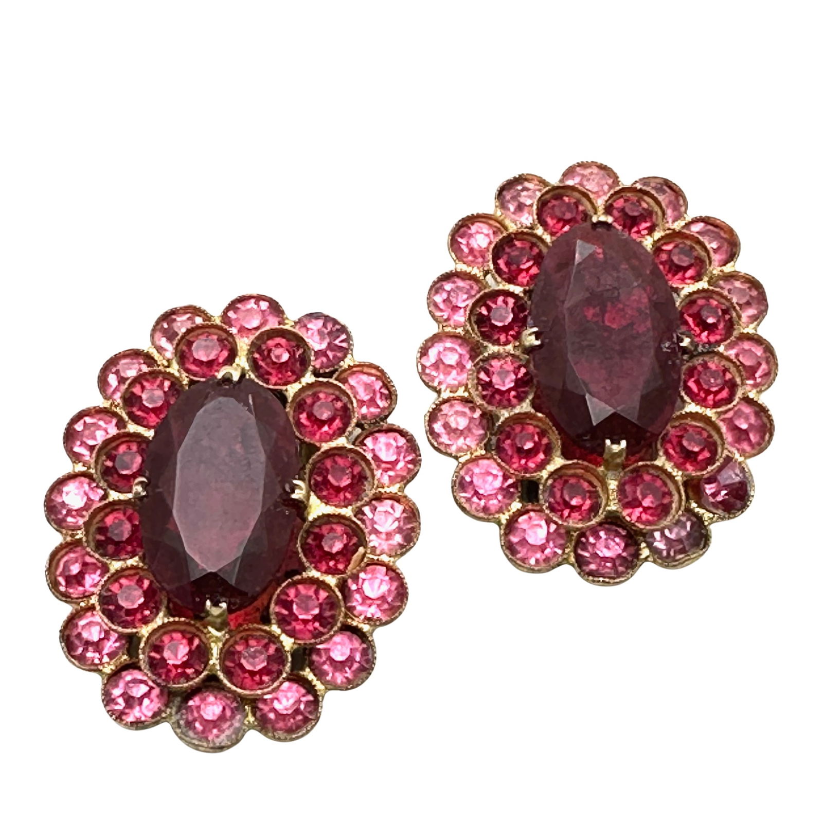 Vintage Antique Czech Glass Fur Clip Set Pink Red Glass Gold Tone: Vintage Antique Czech Glass Fur Clip Set Pink Red Glass Gold Tone